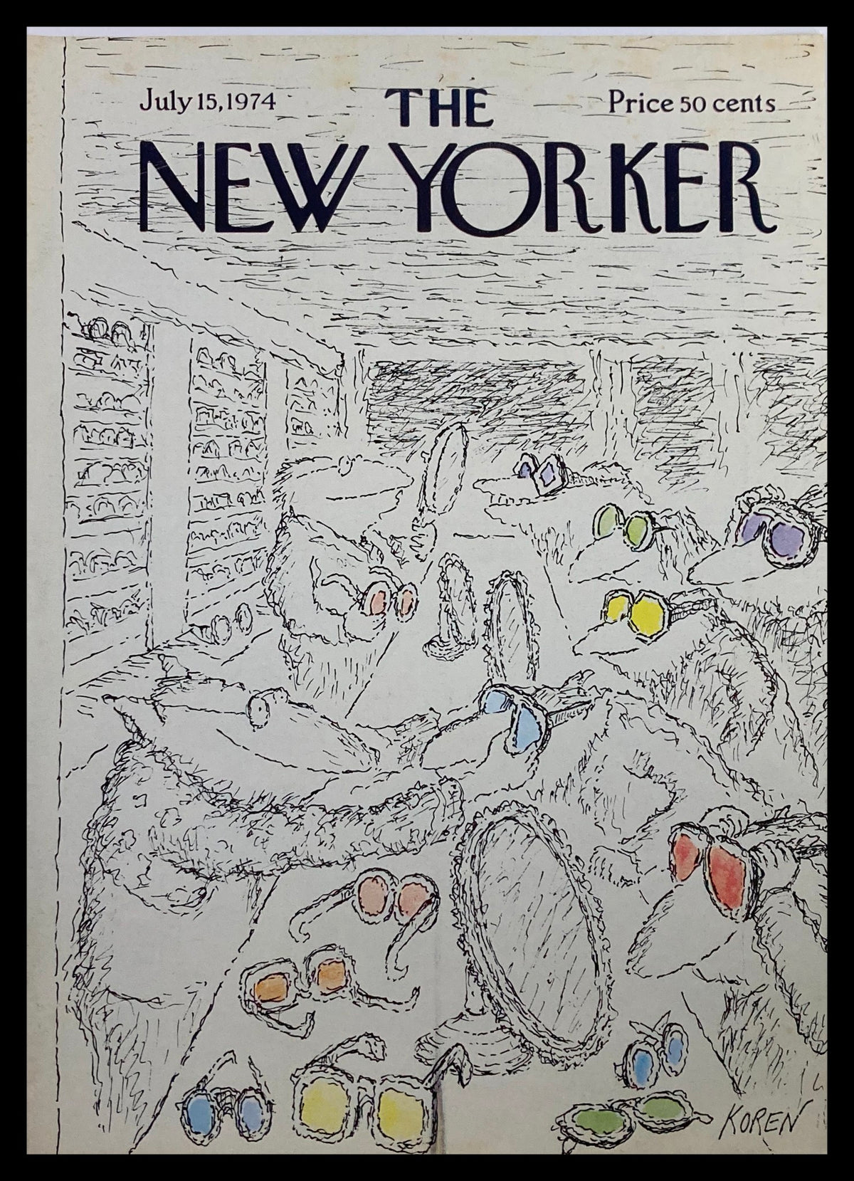 COVER ONLY The New Yorker July 15 1974 featuring a whimsical illustration by Edward Koren with characters trying on various sunglasses in a shop setting.