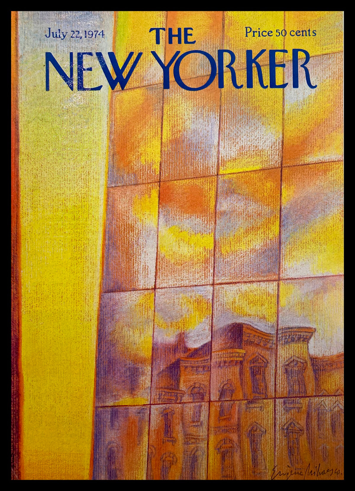 Cover only edition of The New Yorker, July 22, 1974, featuring a vibrant illustration by Eugene Mihaesco depicting a reflective building under a colorful sky.