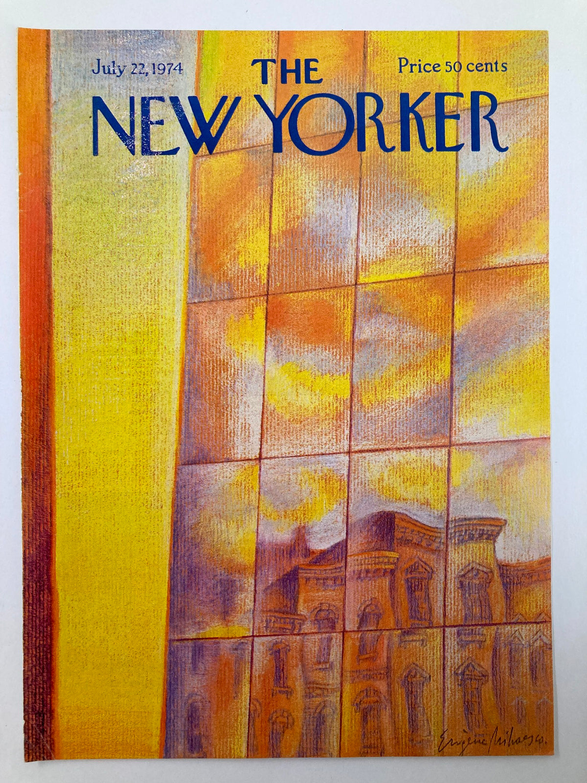 Cover only edition of The New Yorker, July 22, 1974, showcasing a striking artwork by Eugene Mihaesco with reflections of urban architecture against a bright background.
