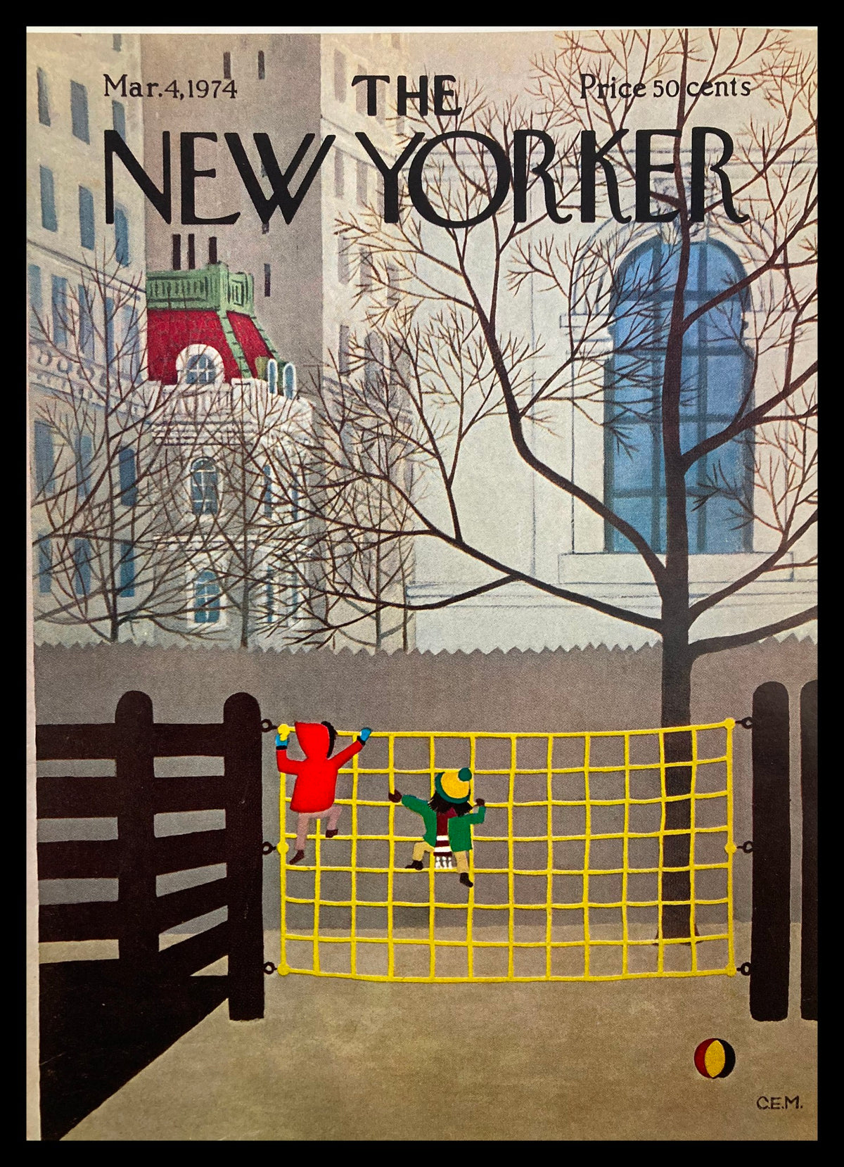 COVER ONLY The New Yorker March 4 1974 Playground by Charles E. Martin featuring children playing on a yellow climbing structure against a city backdrop.
