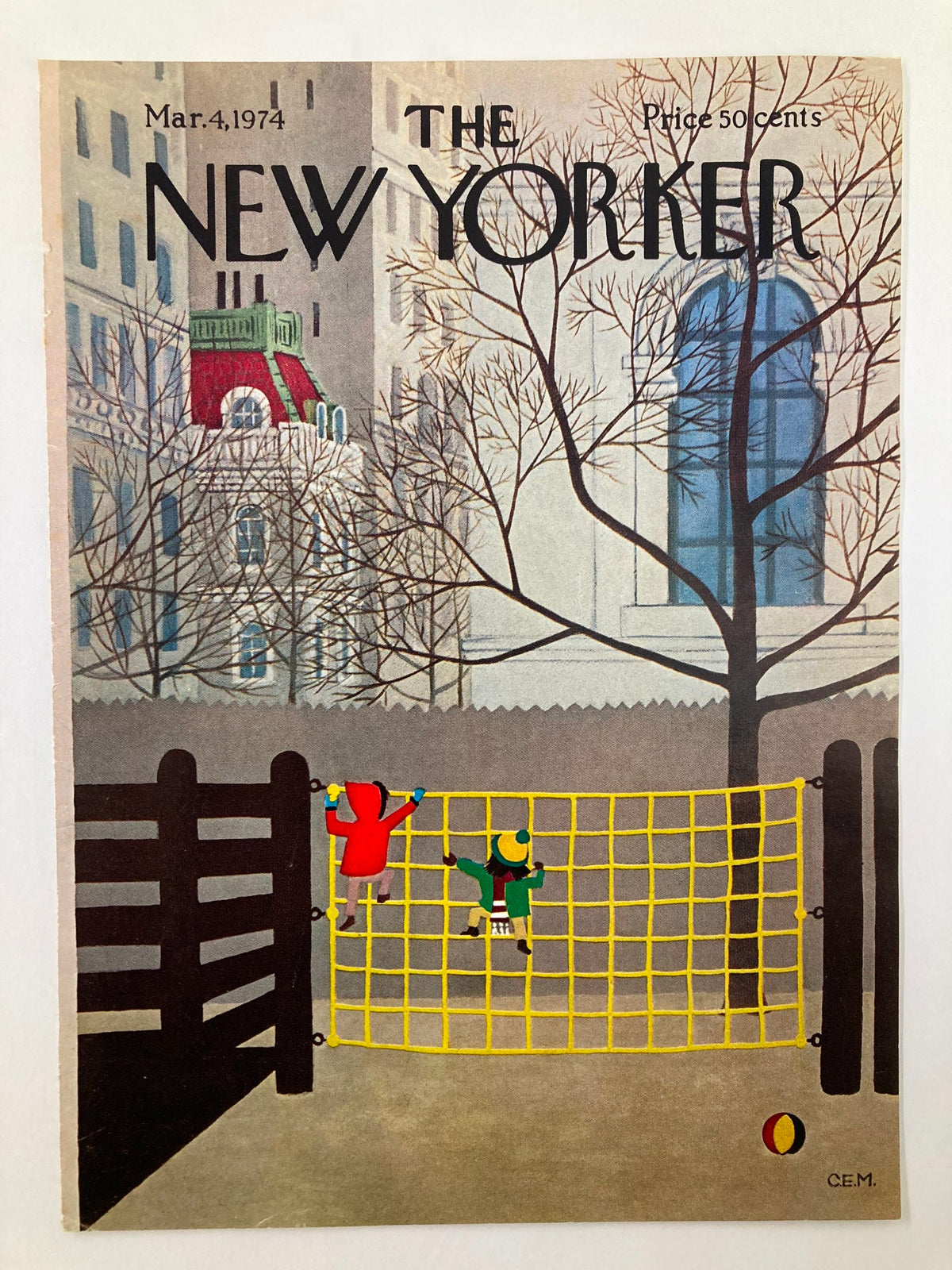 COVER ONLY The New Yorker March 4 1974 Playground by Charles E. Martin, showcasing a colorful playground scene with two children climbing, surrounded by urban architecture.