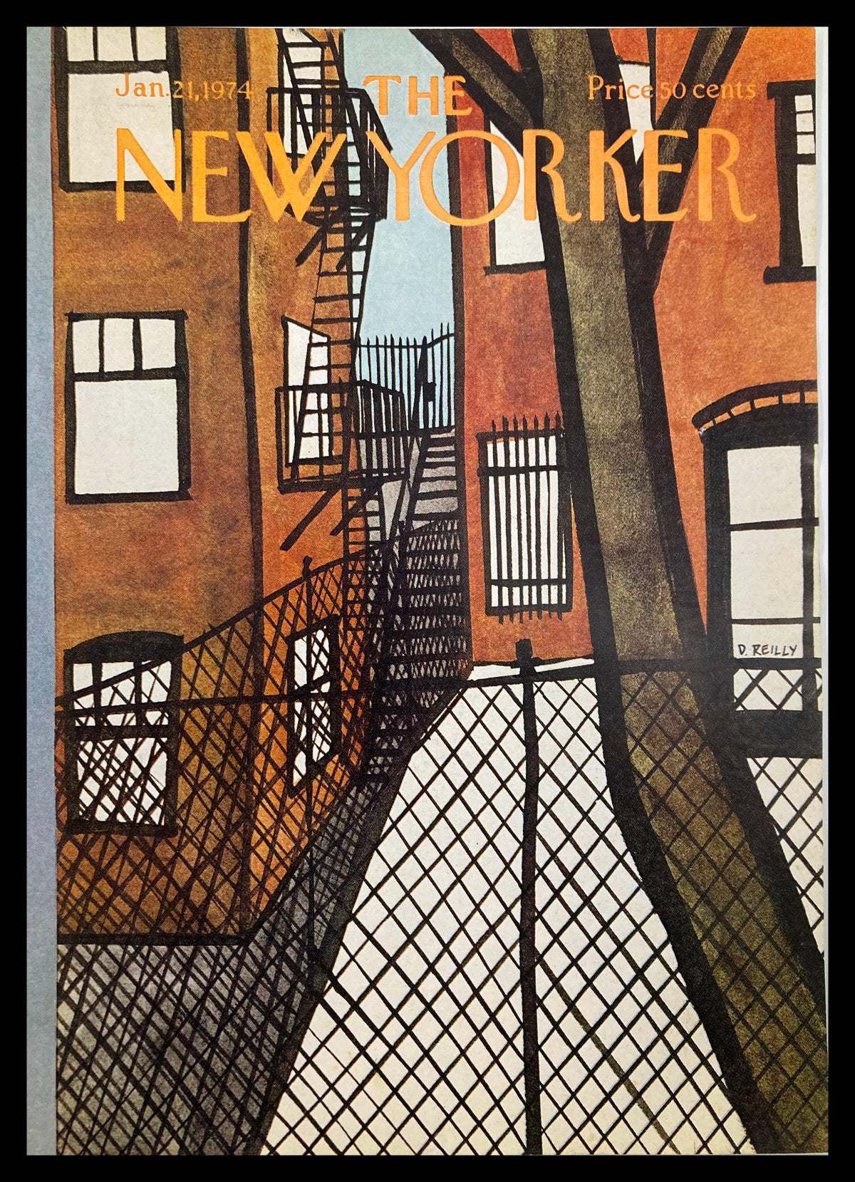 The New Yorker cover titled 'Fences' by Donald Reilly, dated January 21, 1974, featuring a vibrant illustration of an outdoor scene with fences and buildings.