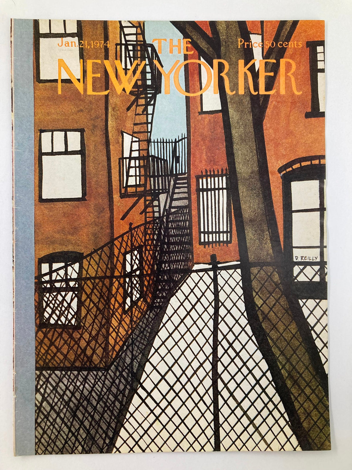 The New Yorker cover titled 'Fences' by Donald Reilly, January 21, 1974, showcasing a colorful depiction of fences and staircases against urban architecture.