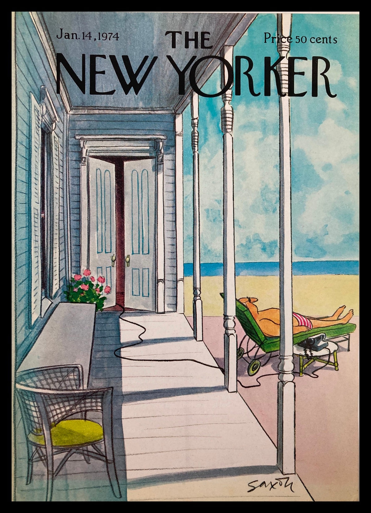 Cover only The New Yorker January 14 1974 Sun Bathing by Charles Saxon featuring a relaxing beachside scene with a sunbather, flowers, and architectural details.