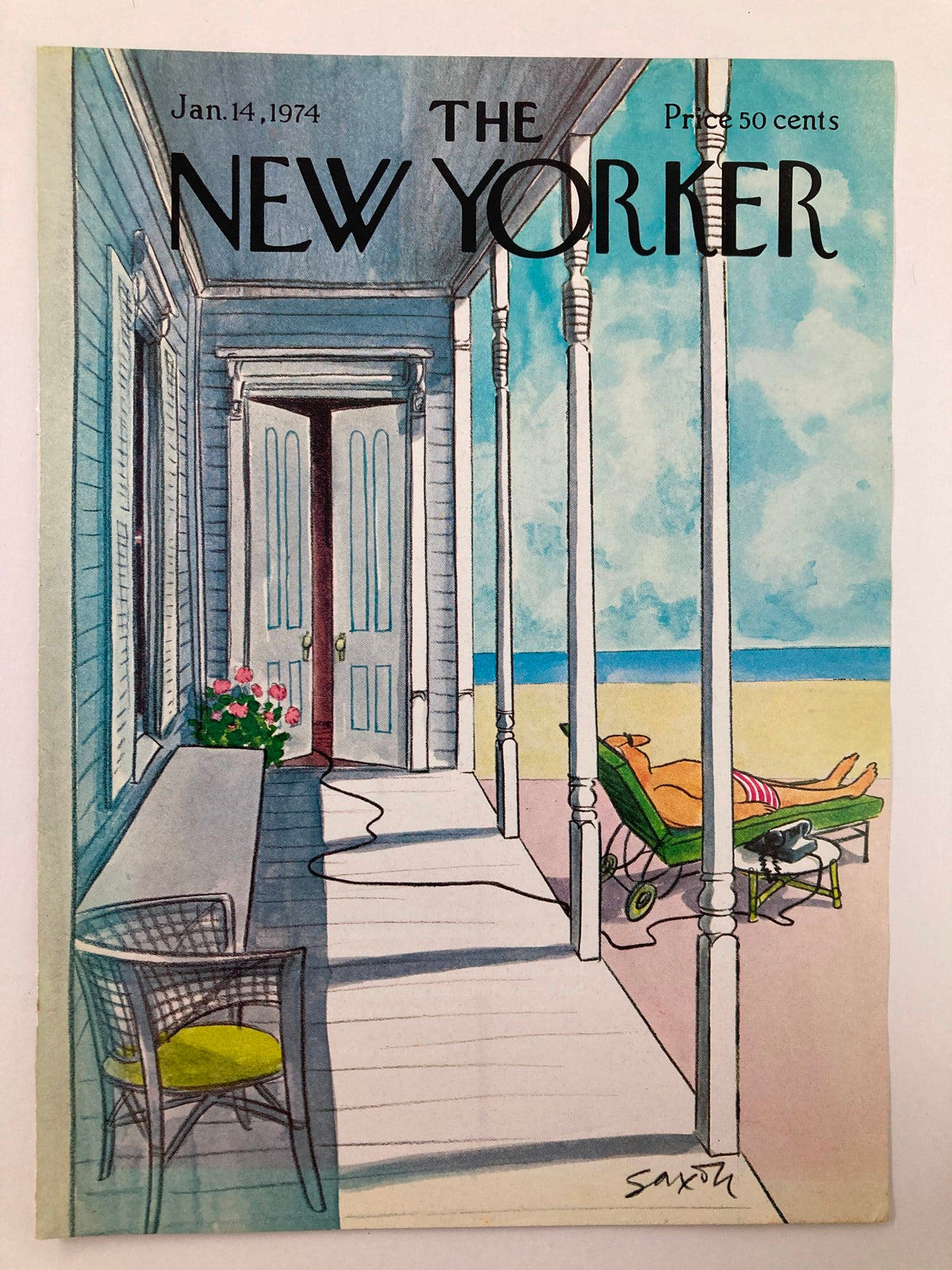 Cover only The New Yorker January 14 1974 Sun Bathing by Charles Saxon showcasing vibrant colors of a sunlit porch with a lounging figure and coastal background.