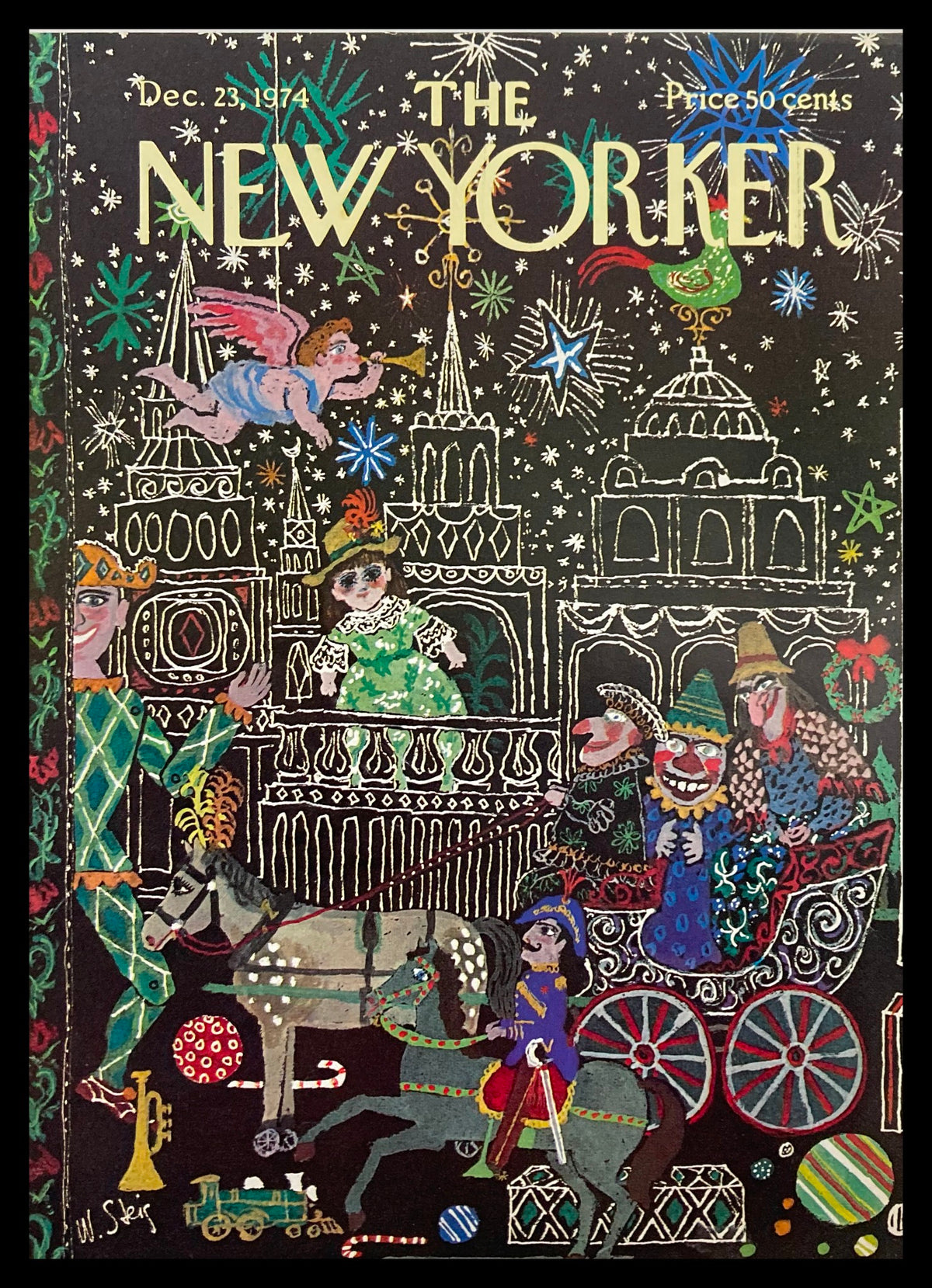 The New Yorker December 23, 1974 cover featuring Russian Doll artwork by Will Steig, showcasing colorful characters, a horse-drawn carriage, and festive decorations.