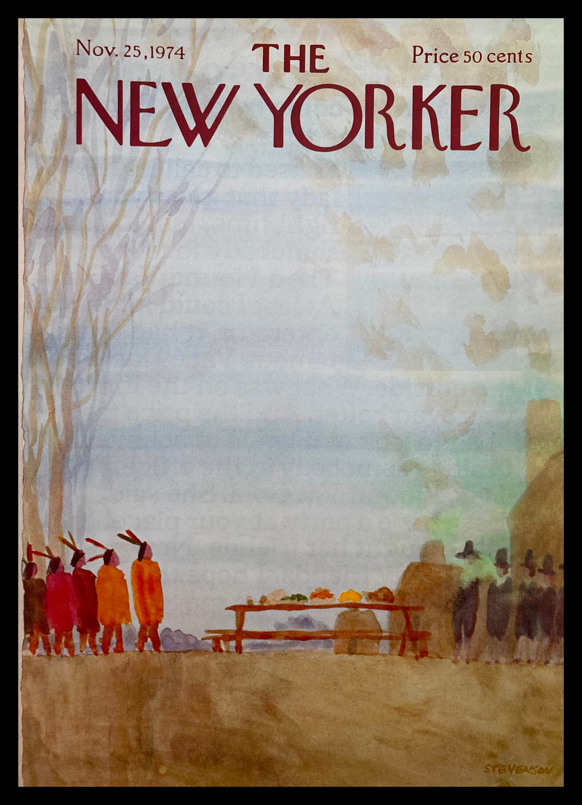 Cover of The New Yorker dated November 25, 1974, featuring a watercolor illustration depicting Native Americans gathering around a picnic table with various foods, designed by James S. Stevenson. The magazine cover includes the title 'THE NEW YORKER' in bold red letters and a price tag of 50 cents.