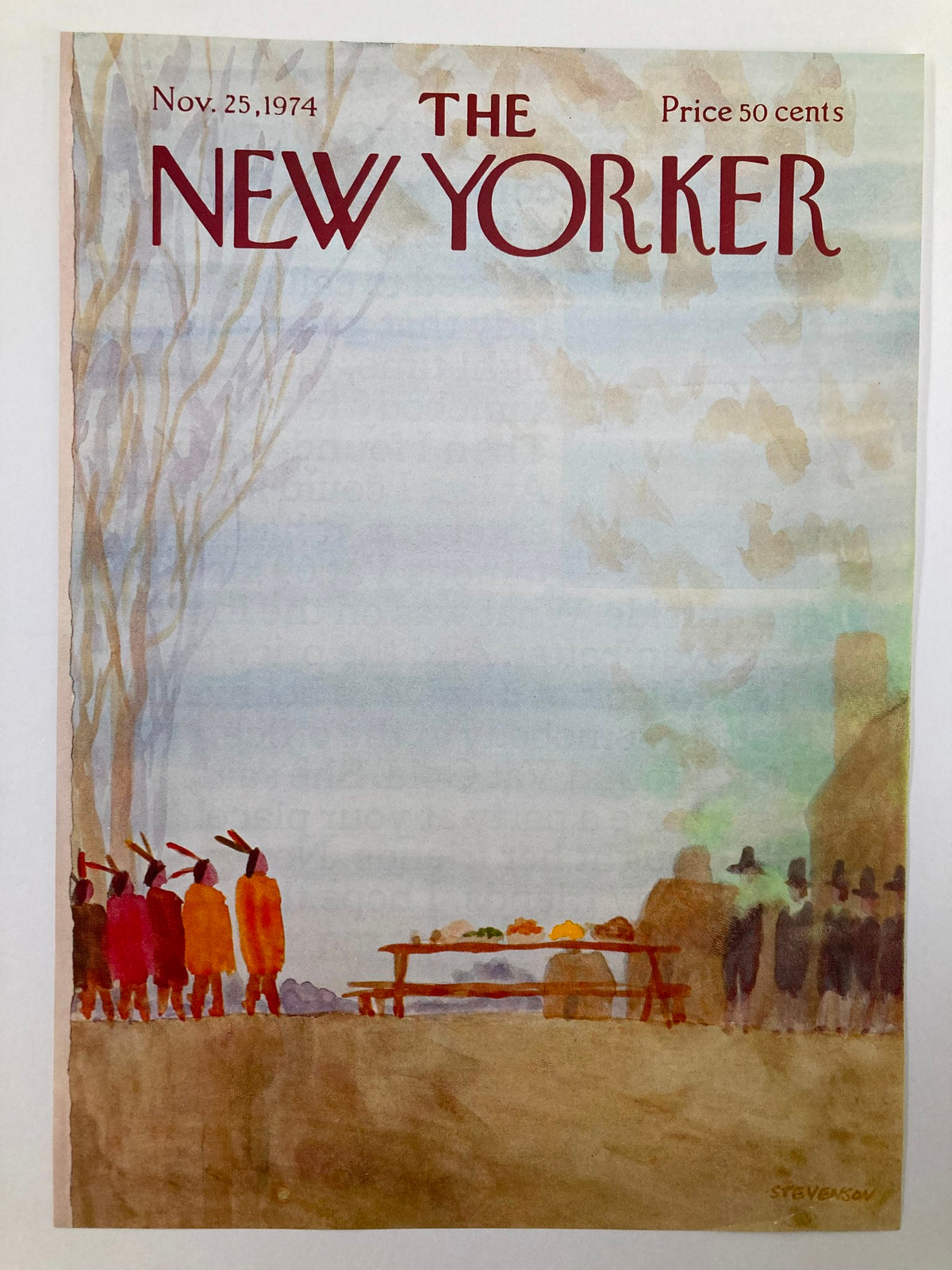 Cover of The New Yorker, November 25, 1974, showcasing a watercolor scene of Native Americans at a picnic table with food. The cover, illustrated by James S. Stevenson, features 'THE NEW YORKER' in prominent red letters and a listed price of 50 cents.