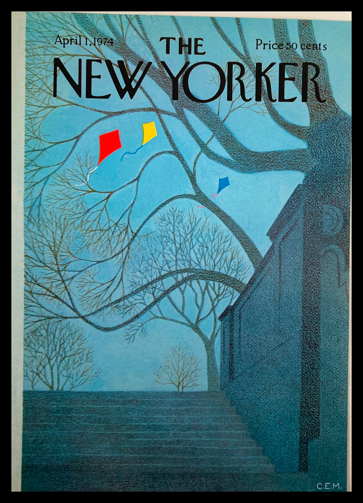 COVER ONLY The New Yorker April 1 1974 Kites Fly by Charles E. Martin, featuring a whimsical kite-flying scene with colorful kites against a serene blue background and artistic tree branches.