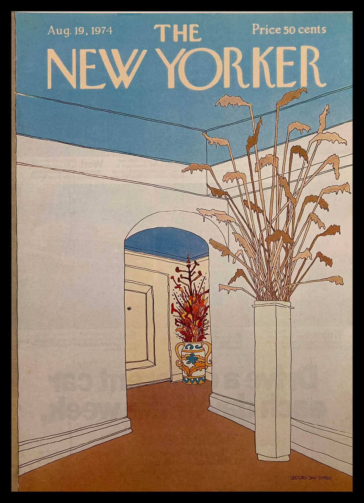Cover of The New Yorker magazine dated August 19, 1974, featuring a hallway illustration by Gretchen Simpson, showcasing vibrant plants and a decorative vase.
