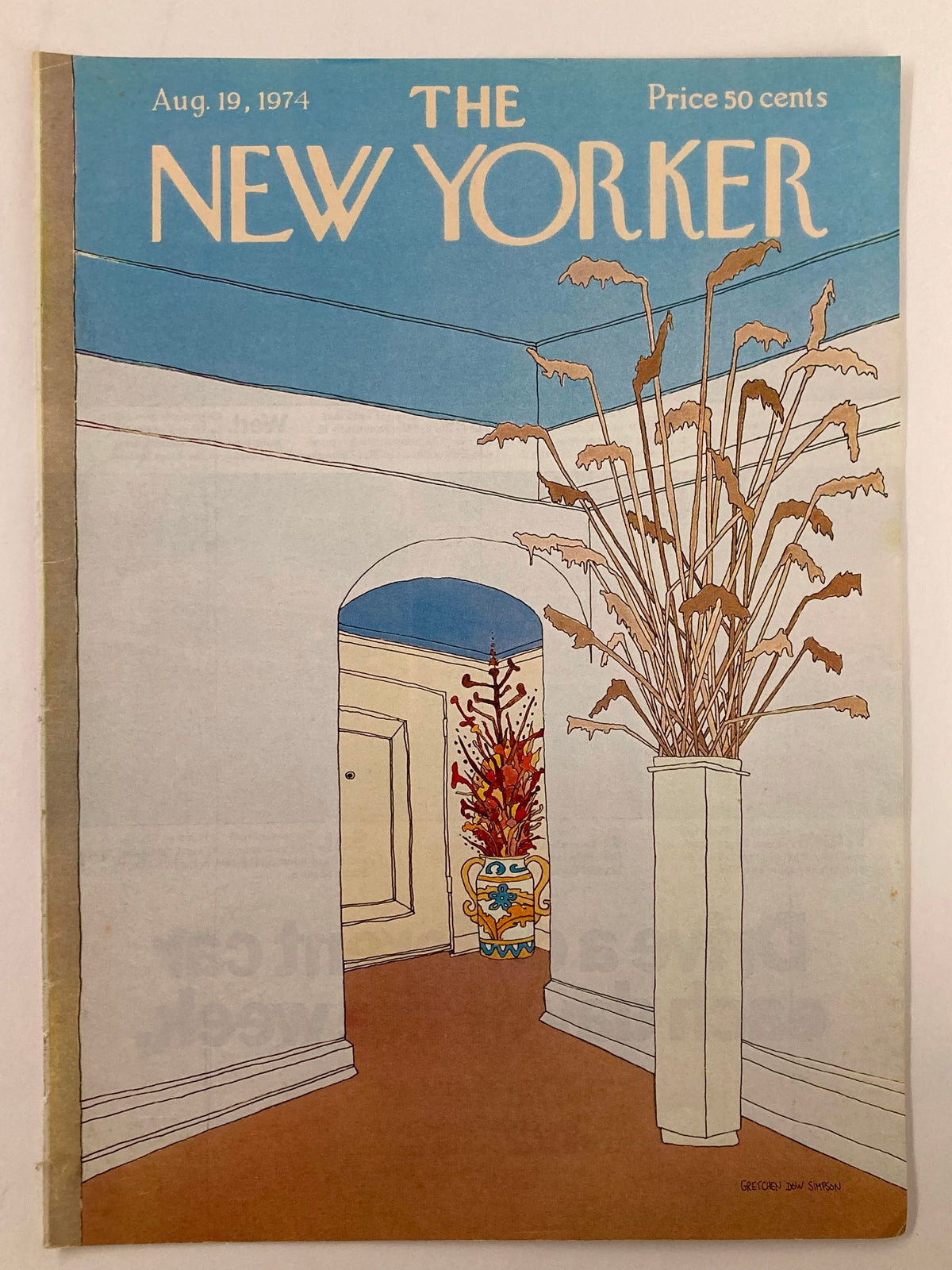 COVER ONLY The New Yorker August 19 1974 Hallway by Gretchen Simpson, featuring an illustrated hallway with decorative vases and vibrant plants, perfect for vintage art collectors.