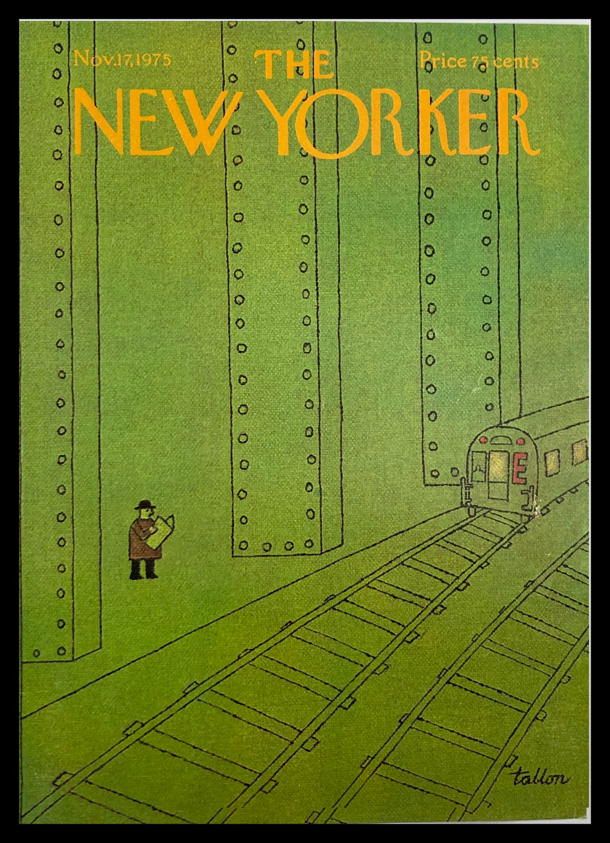 Cover of The New Yorker, November 17, 1975, featuring train station art by Rob Tallon, depicting a man with a clipboard beside train tracks and a train in a stylized urban setting.