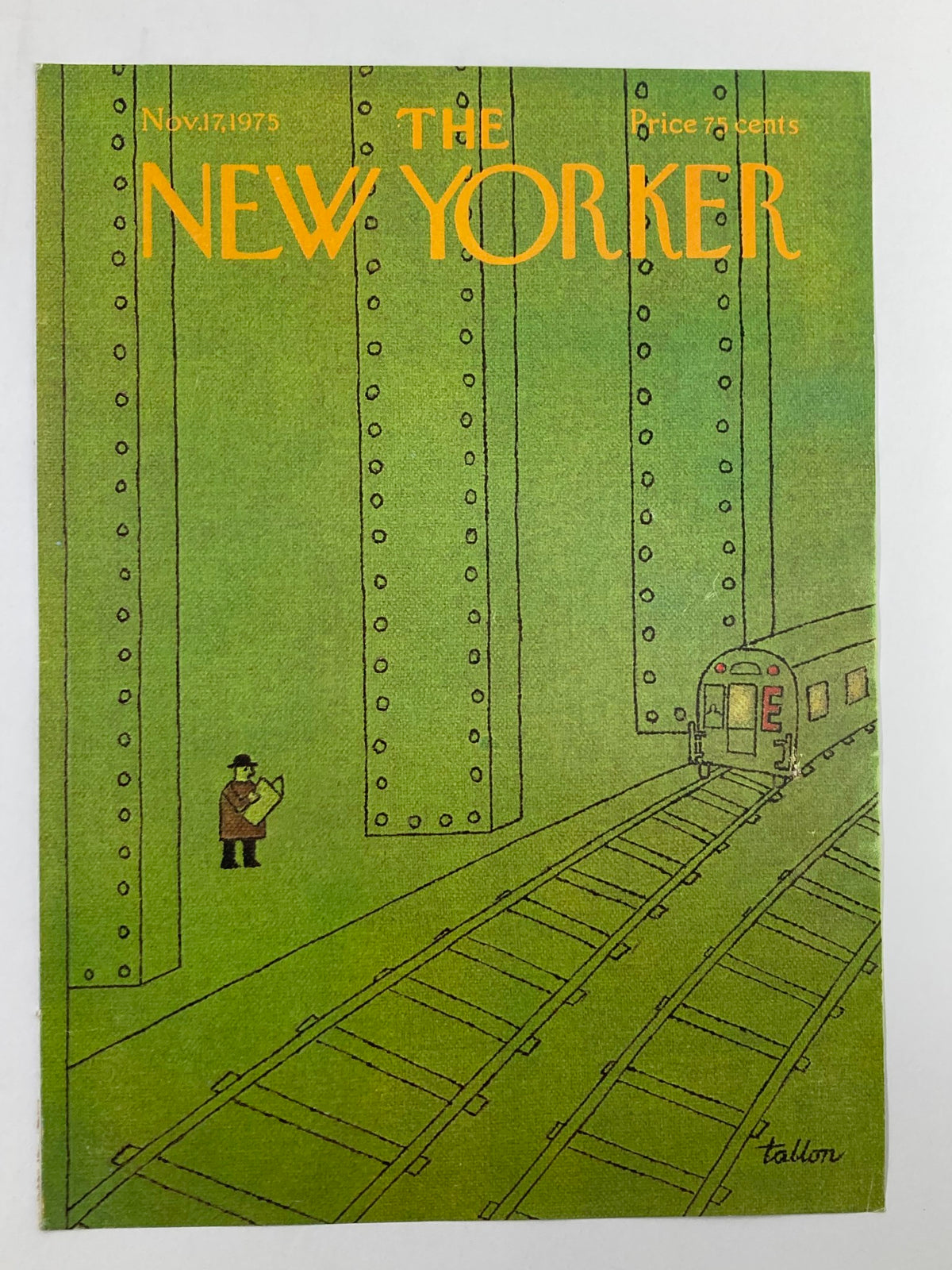 Cover of The New Yorker, November 17, 1975, illustrated by Rob Tallon, showcasing a train station theme with a man holding a map next to railway tracks.