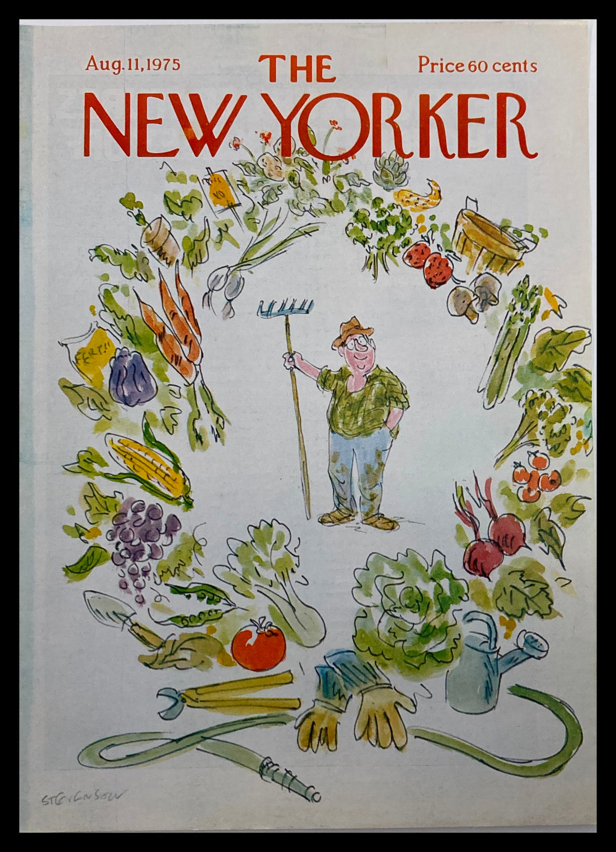 Cover of The New Yorker August 11 1975, titled 'Going Organic', showcasing a whimsical illustration of a farmer surrounded by various vegetables and gardening tools.
