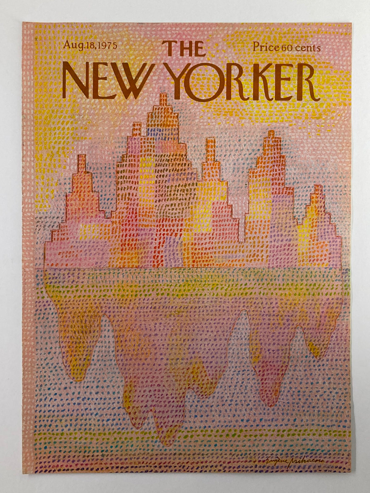 Cover of The New Yorker dated August 18, 1975, featuring the artwork "Different Worlds" by Mihaesco, showcasing a vibrant design with abstract city landscapes in pastel colors. A perfect collectible for vintage magazine art enthusiasts.