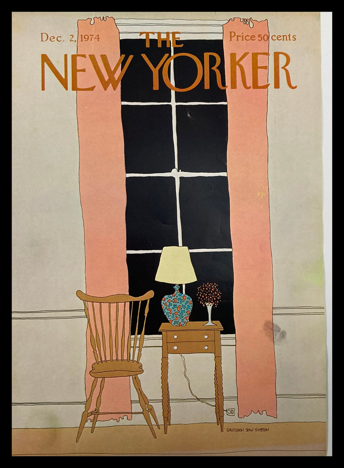 Artistic cover of The New Yorker from December 2, 1974, featuring a side table designed by G. D. Simpson, with a window and decor elements.