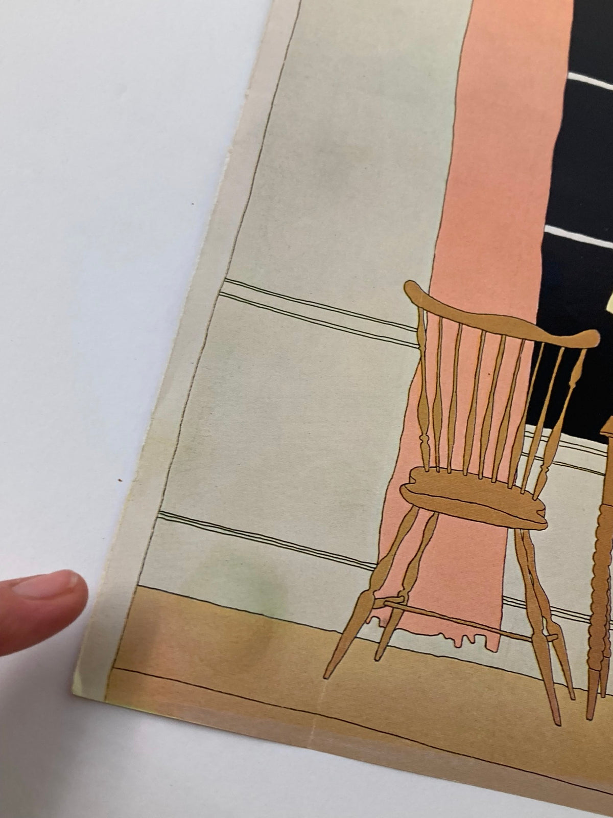 Close-up view of the COVER ONLY The New Yorker December 2 1974 Side Table by G. D. Simpson featuring a chair and curtains, highlighting the vintage design elements.