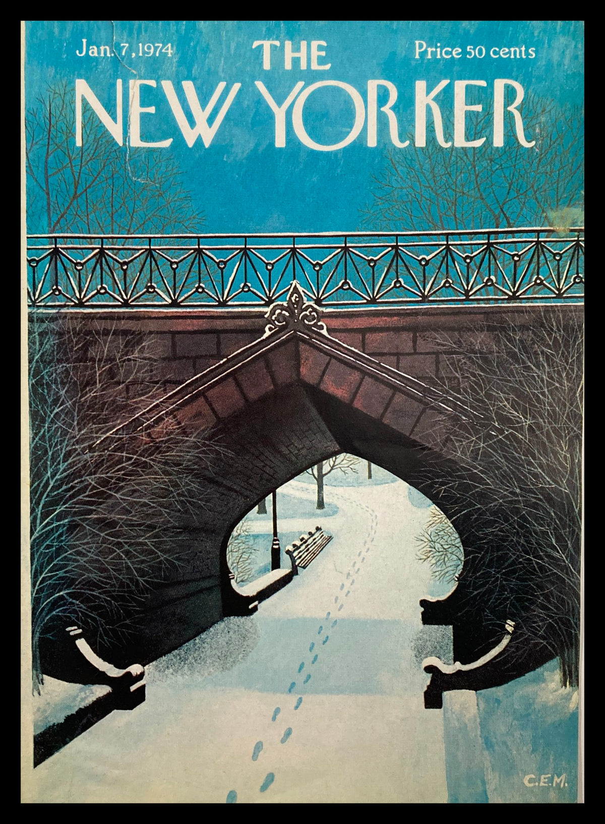 COVER ONLY The New Yorker January 7 1974 featuring artwork titled 'Footprints' by Charles Martin with a winter scene of a snow-covered park and bridge.