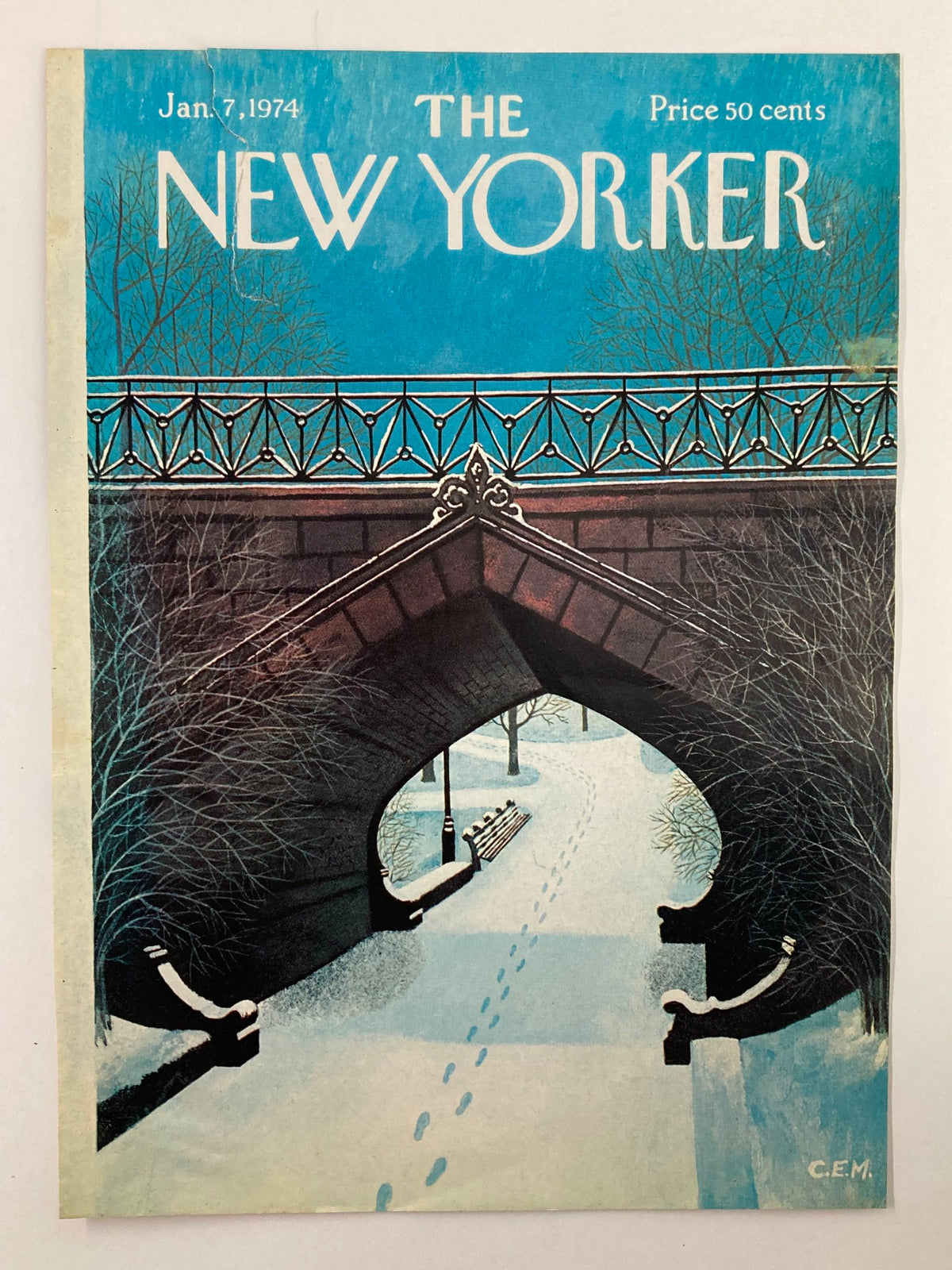 COVER ONLY The New Yorker January 7 1974 showing the front cover art 'Footprints' by Charles Martin depicting a snowy landscape with footprints beneath a bridge.