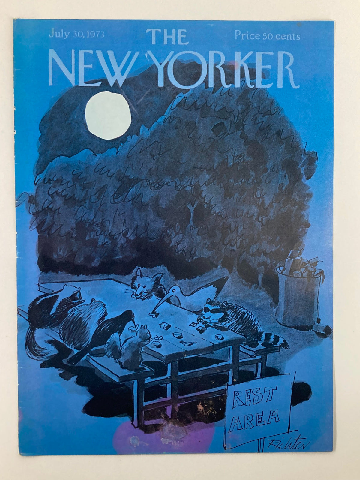 COVER ONLY The New Yorker July 30 1973 Rest Area by Mischa Richter, showcasing whimsical wildlife dining at a picnic table illuminated by moonlight.