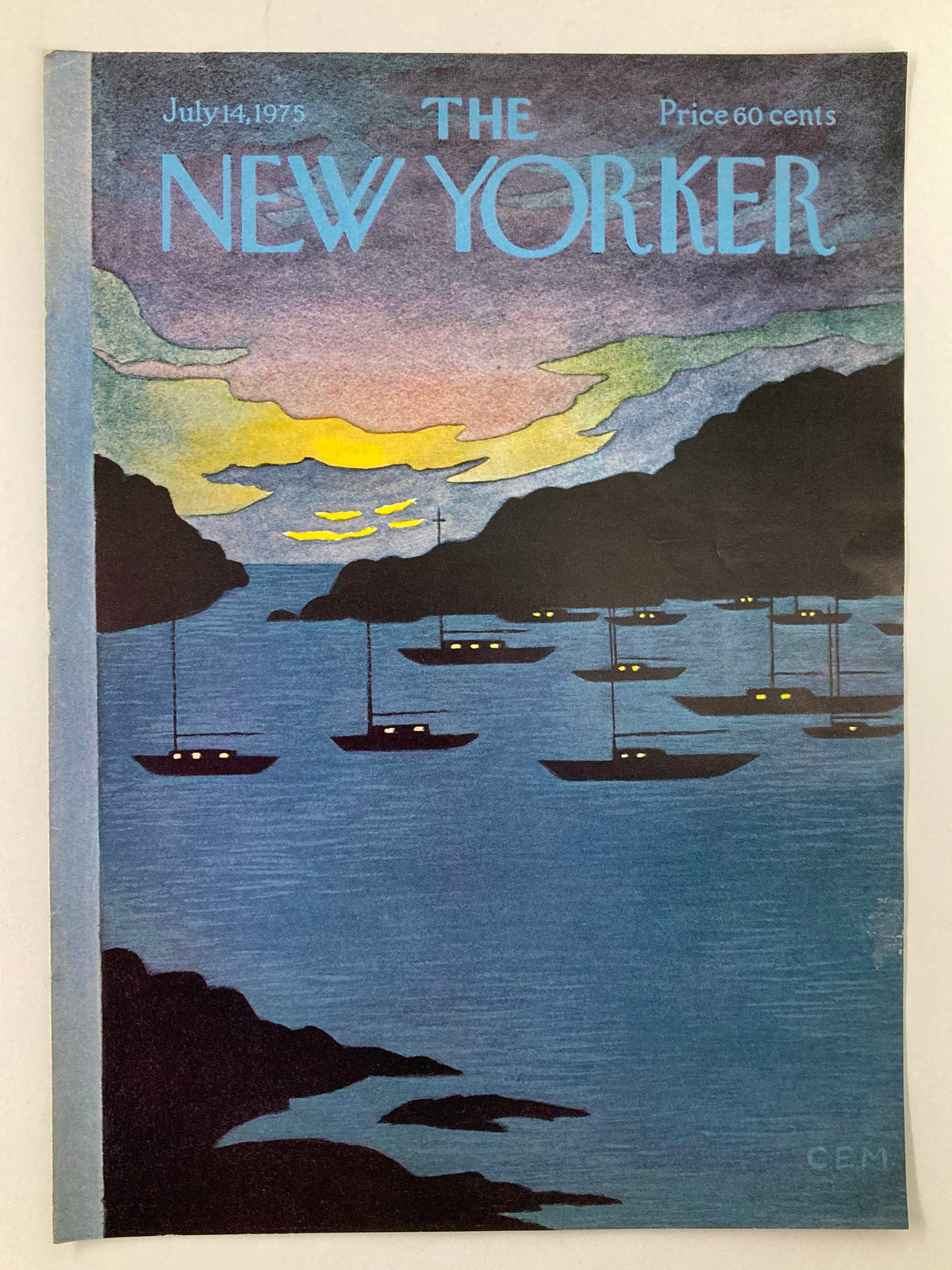Cover of The New Yorker magazine from July 14, 1975, showcasing the illustration 'Night Sailing' by Charles Martin. The scene features a serene bay filled with moored boats under a colorful sunset.