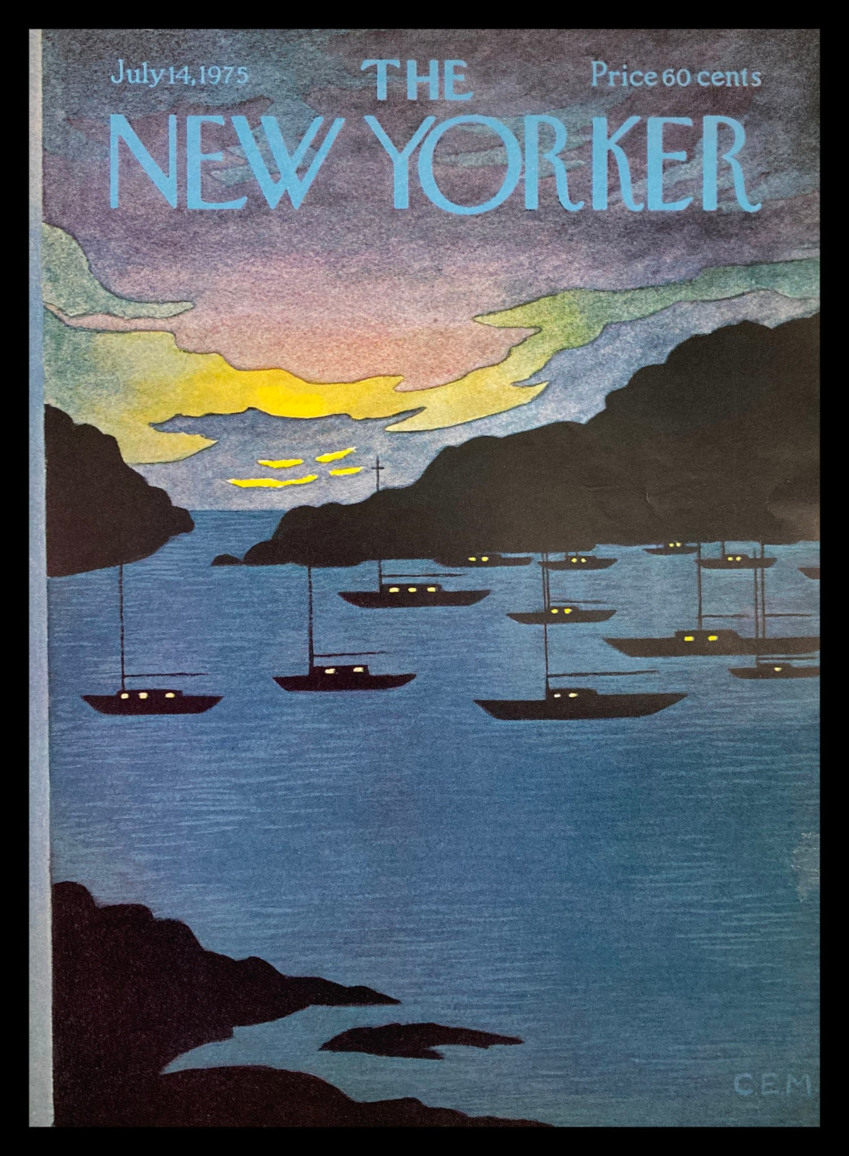 Cover of The New Yorker magazine dated July 14, 1975, featuring an illustration titled 'Night Sailing' by Charles Martin. The artwork depicts boats on a tranquil waterway at dusk with a gradient sky.