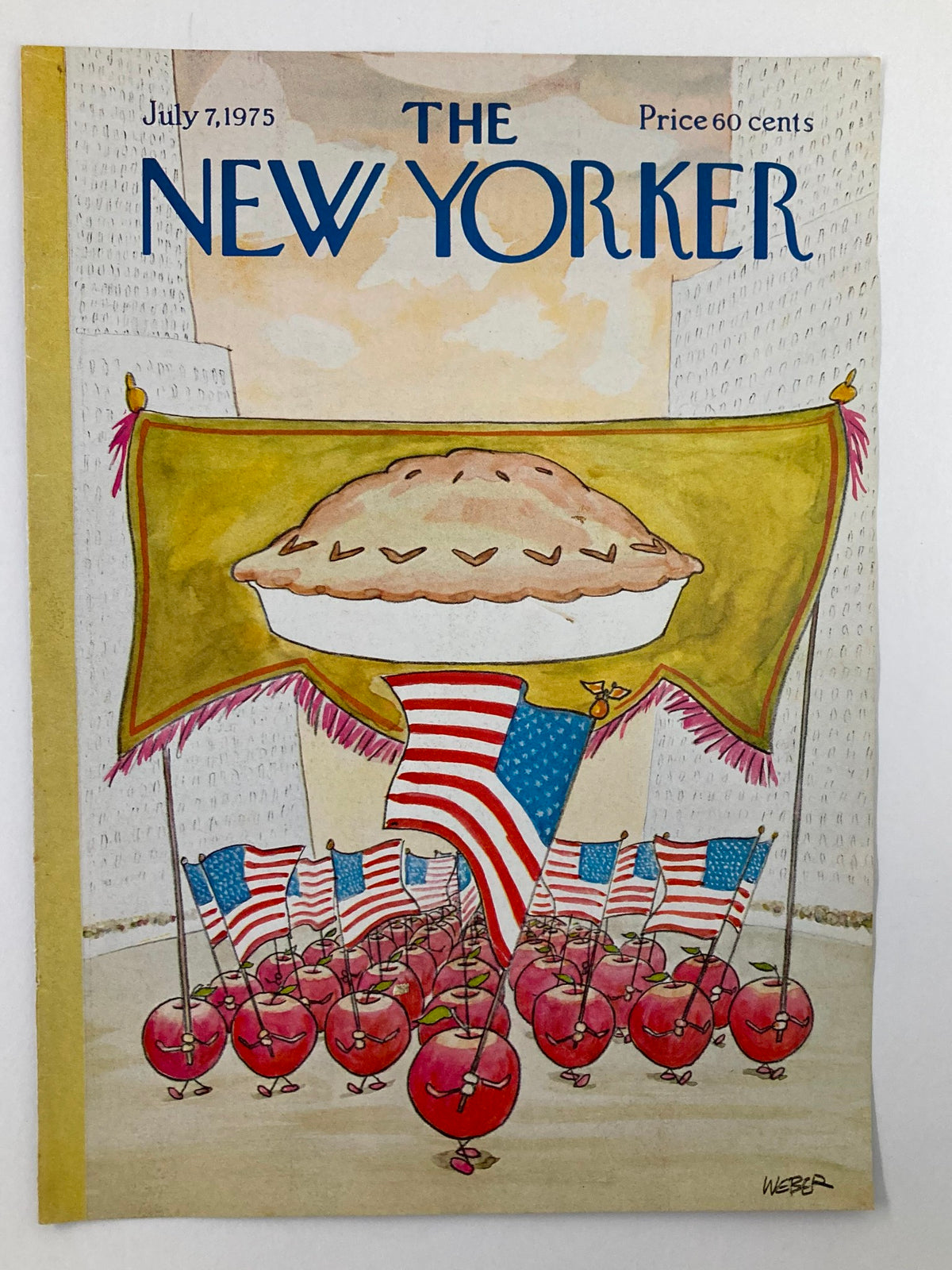 COVER ONLY The New Yorker July 7 1975 depicting 'Apple Pie Army' by Robert Weber, showcasing a lively illustration of tomatoes marching with flags in celebration.