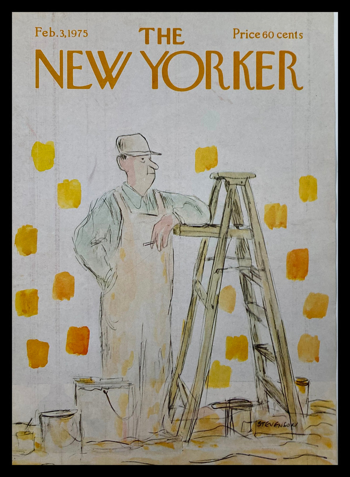 Cover of The New Yorker dated February 3, 1975, featuring a paint job illustration by James Stevenson, showcasing a painter leaning against a ladder amidst paint buckets and vibrant yellow squares.