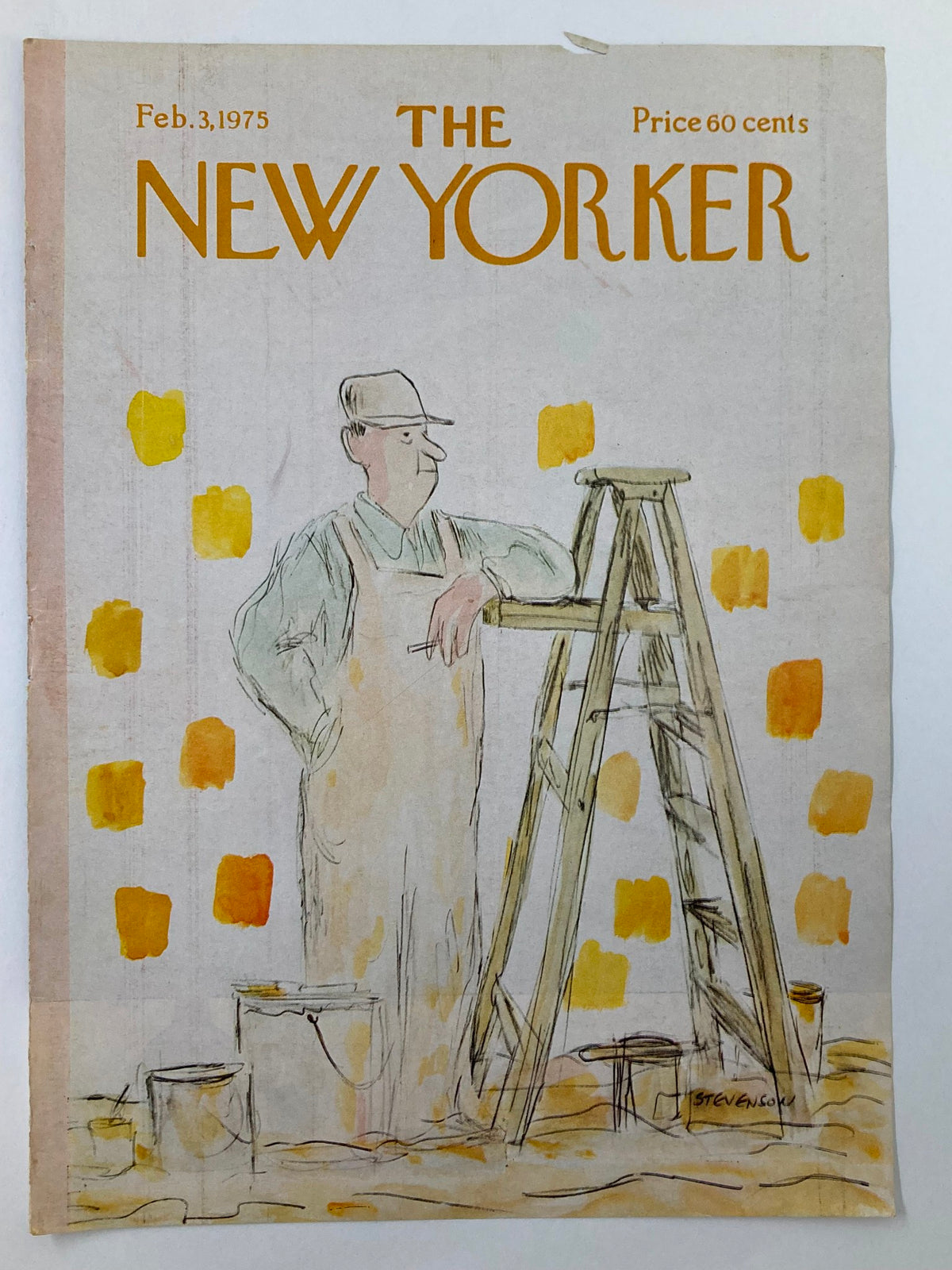 The New Yorker magazine cover from February 3, 1975, depicting a paint job scene with a painter beside a ladder, highlighted by artistic yellow squares, created by James Stevenson.