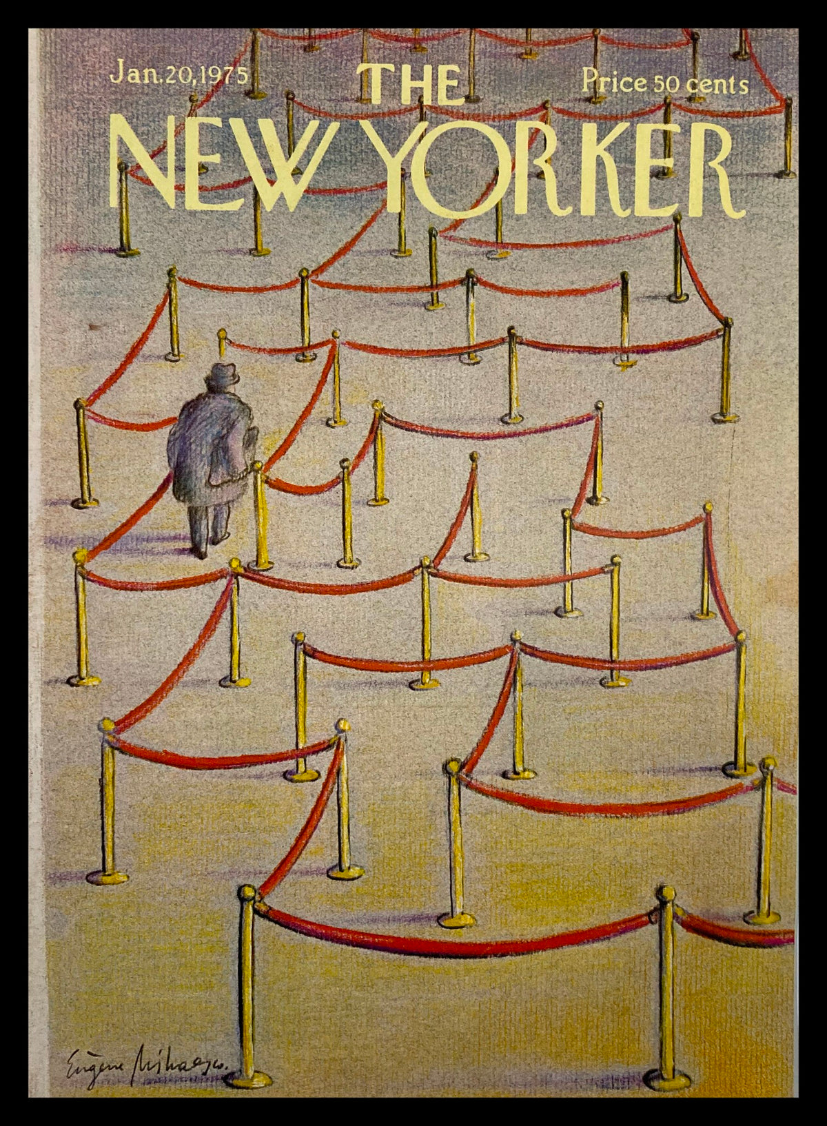 Cover of The New Yorker, January 20, 1975, titled 'What Line' by Eugene Mihaesco, featuring a man in a suit standing before a series of red ropes and gold stanchions.