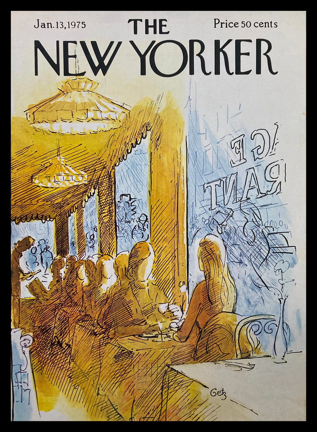 Cover of The New Yorker, January 13, 1975, titled 'Menu Please' by Arthur Getz, showcasing an illustrated dining scene with patrons enjoying their meals under decorative lighting.