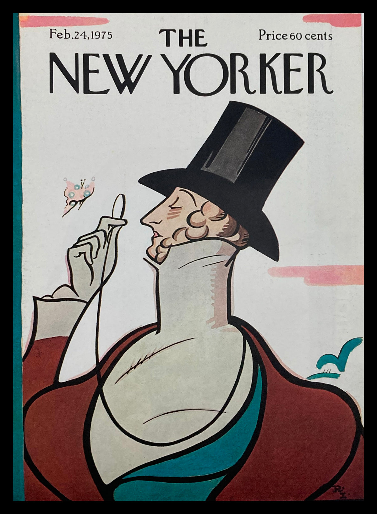 Cover of The New Yorker February 24, 1975, featuring the artwork 'Master Eustace' by Rea Irvin, showcasing a man in a top hat with a butterfly and seagull in the background.
