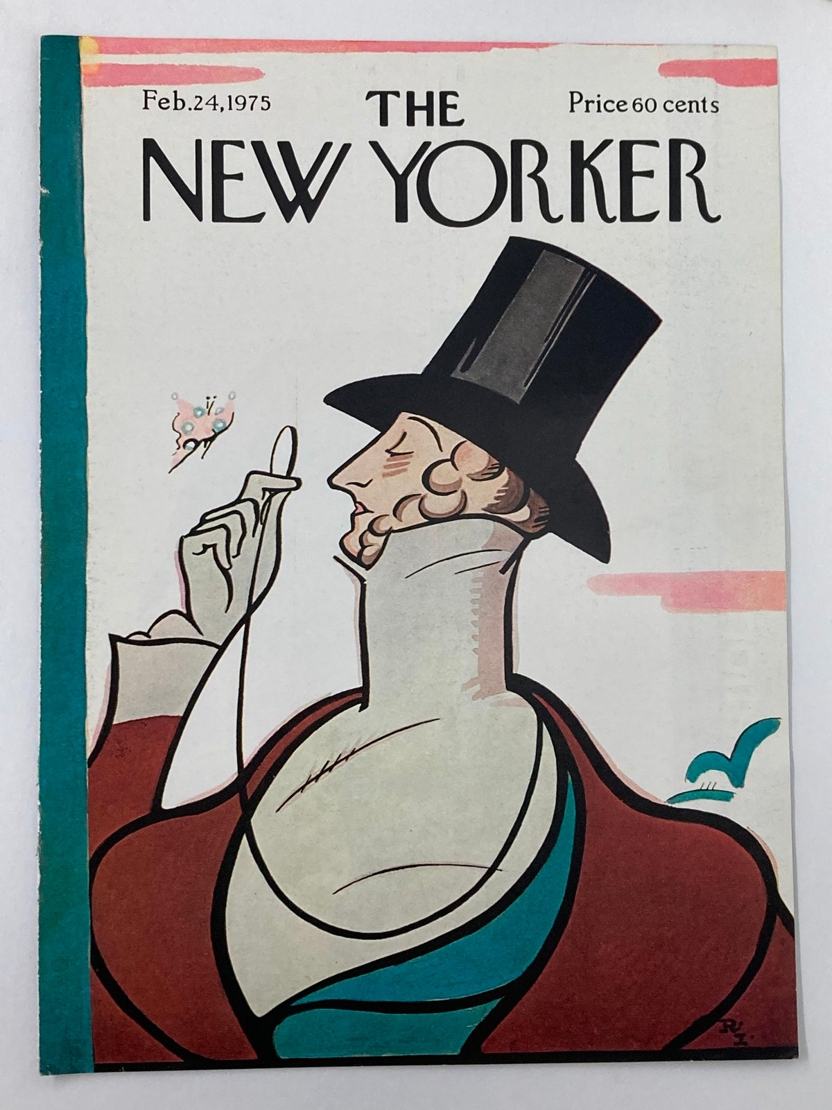 Cover of The New Yorker February 24, 1975, with 'Master Eustace' by Rea Irvin, depicting a stylish gentleman in a top hat, illustrating vintage magazine art.