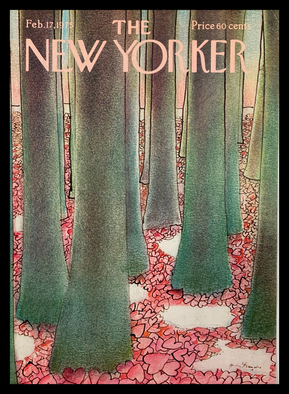 Cover of The New Yorker dated February 17, 1975, featuring the artwork titled 'Heart Leaves' by A. Francois, showcasing vibrant colors and an artistic depiction of a forest floor with heart-shaped leaves.