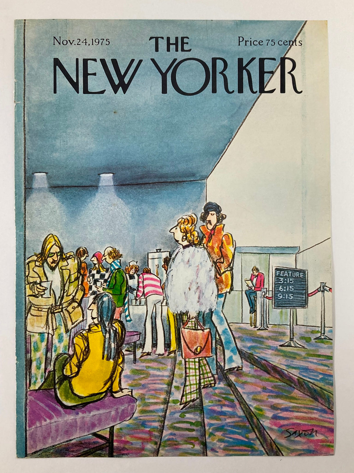 The New Yorker Cover - November 24, 1975, illustrated by C. Saxon, displaying a colorful theatrical setting with attendees gathering for a film.