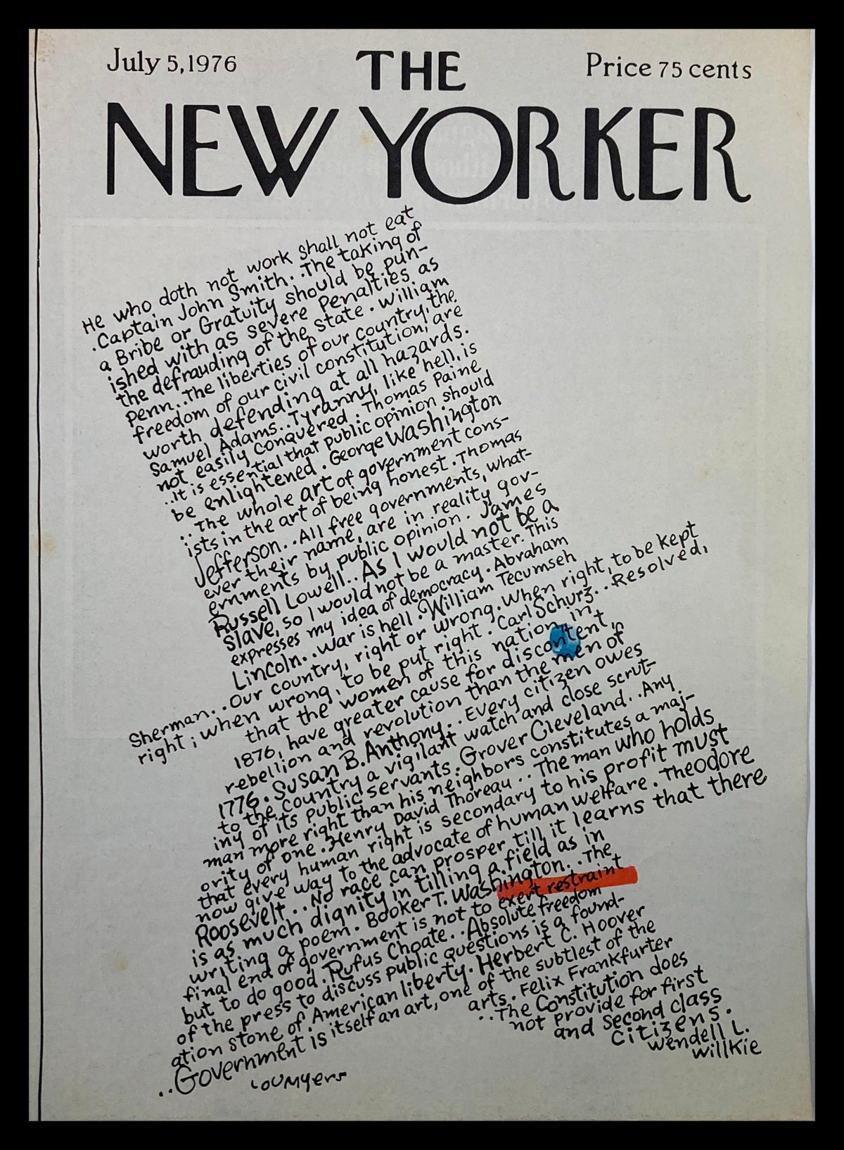 The New Yorker Cover - July 5, 1976 featuring artwork titled 'James' Letter' by Lou Myers with a collection of text highlighted in various colors.