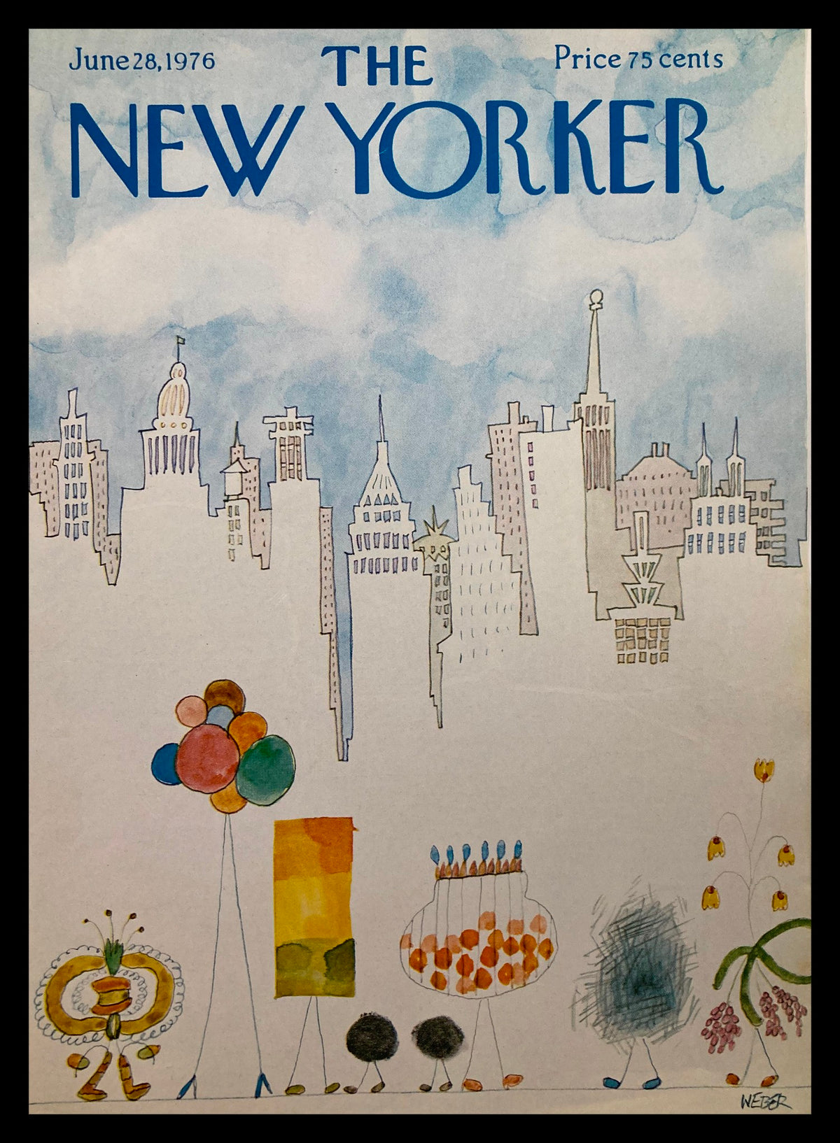COVER ONLY The New Yorker June 28 1976 Party Poppers by Robert Weber. The magazine cover features a whimsical illustration of a city skyline with colorful balloons and characters, depicting a festive atmosphere.