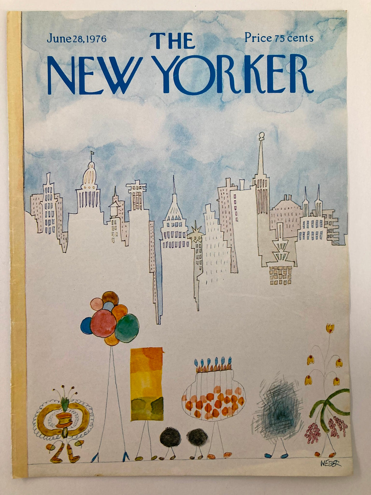 COVER ONLY The New Yorker June 28 1976 Party Poppers by Robert Weber. The magazine cover showcases a playful artwork of a cityscape with balloons and unique characters, reflecting a celebratory theme.