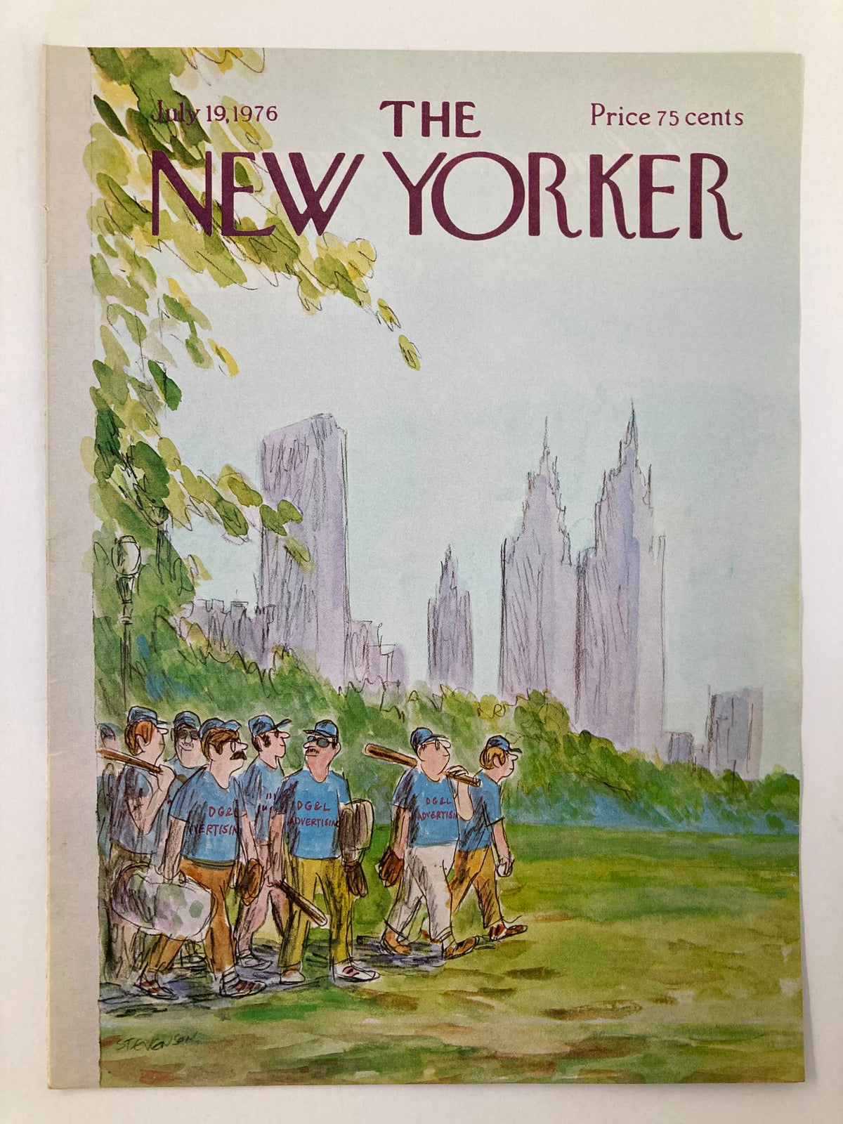 Cover only of The New Yorker from July 19, 1976, showcasing James Stevenson's artwork of men in matching blue shirts labeled 'DG&L Advertising' strolling through a lush park with an urban skyline.