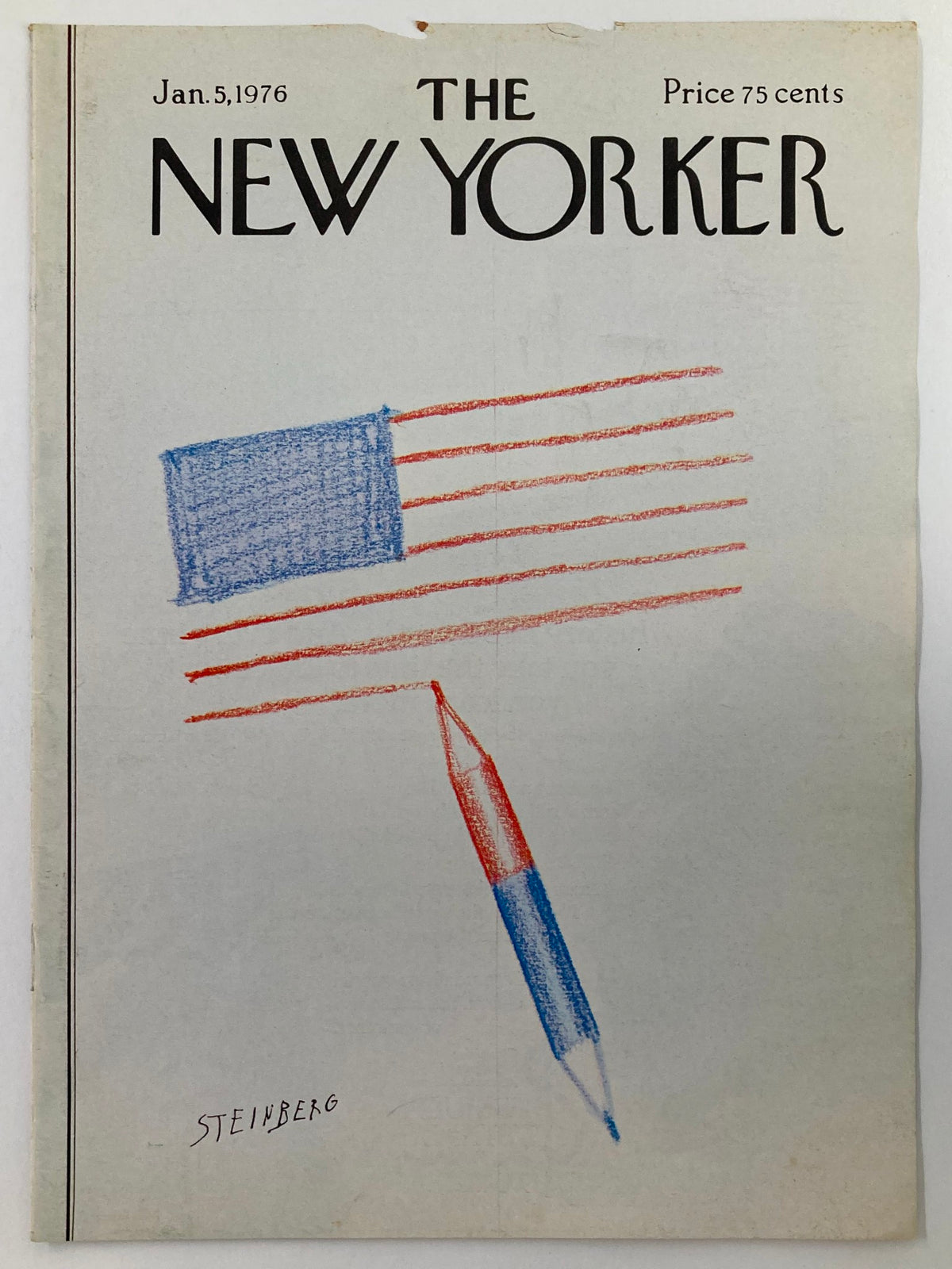 Front view of The New Yorker January 5 1976 cover, designed by Saul Steinberg, illustrating a playful depiction of a flag with colored pencil accents.