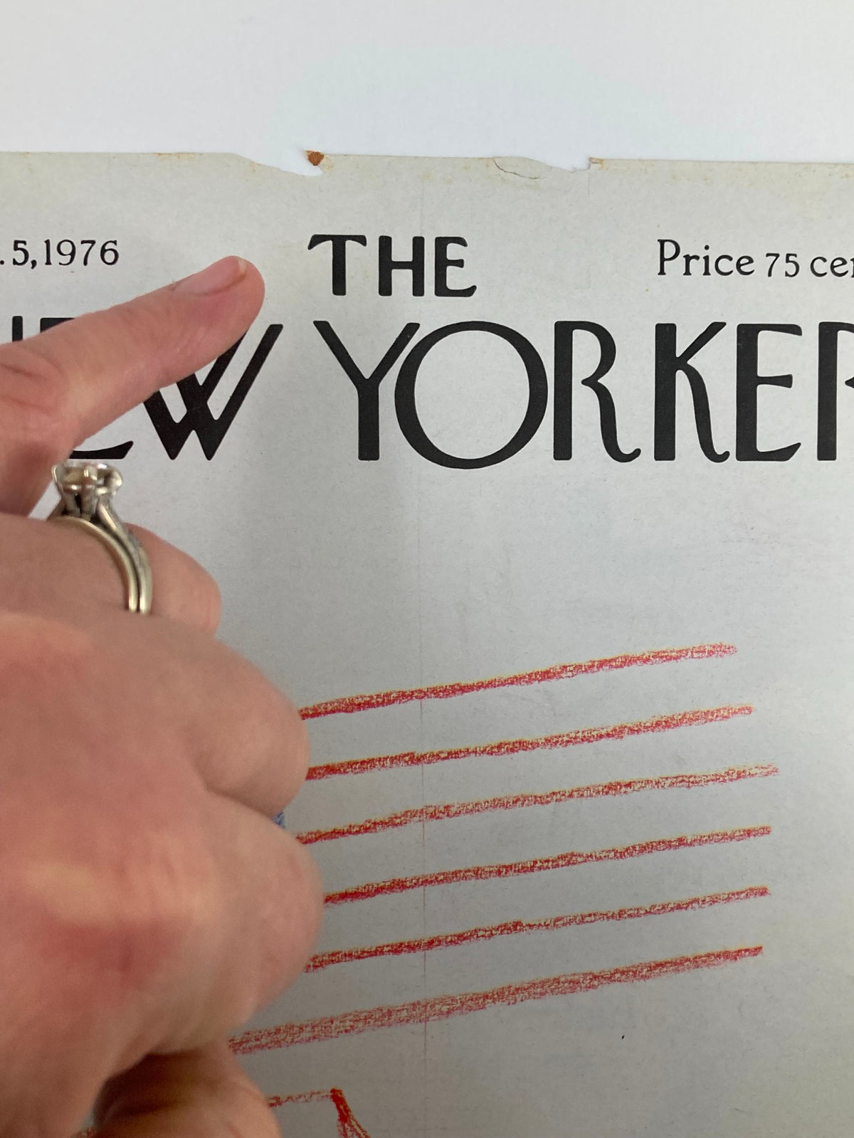 Close-up detail of The New Yorker January 5 1976 cover, highlighting the title and playful flag illustration by Saul Steinberg with minor wear visible.