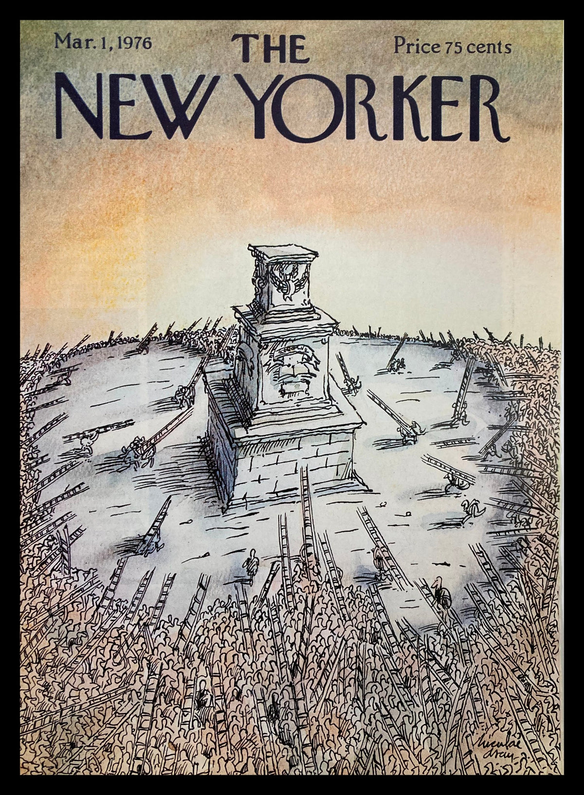 The New Yorker cover dated March 1, 1976, featuring the artwork titled "Attack!" by Nicolai Asciu. The illustration depicts a monumental monument surrounded by a crowd, symbolizing a significant moment in history.