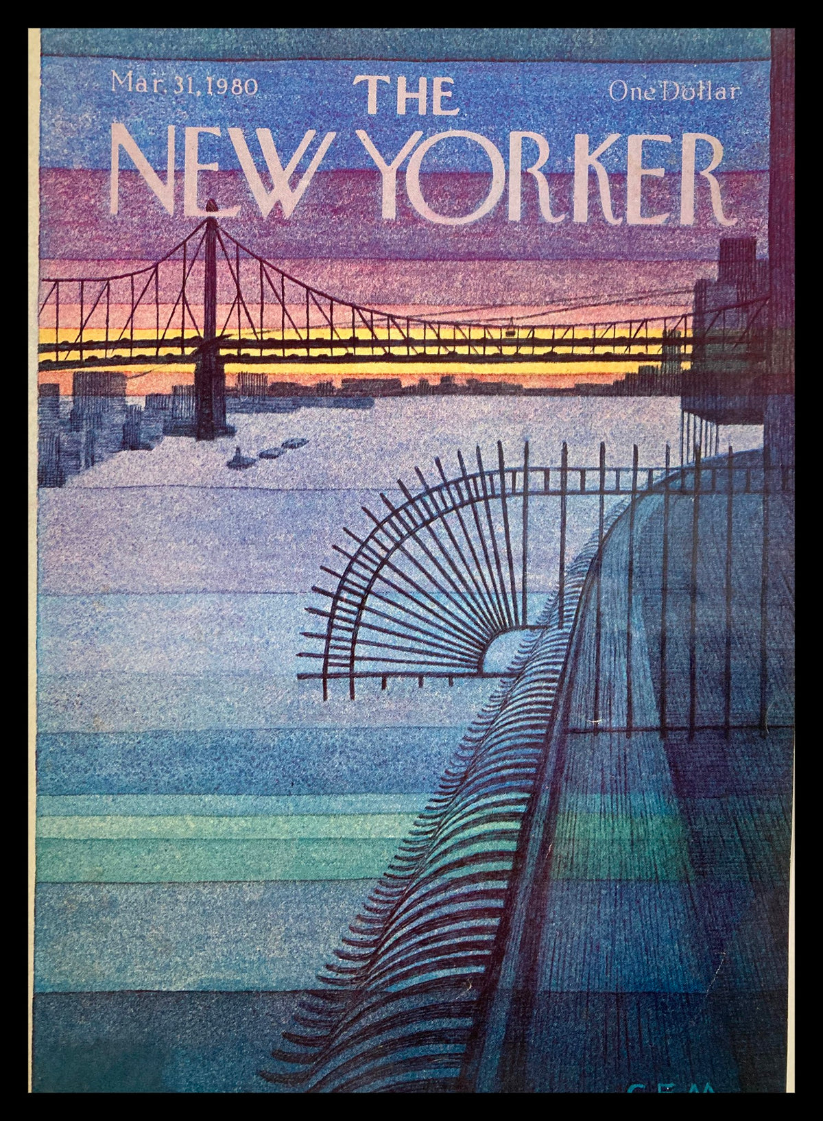 COVER ONLY The New Yorker March 31 1980 featuring artwork "The Bridge" by Charles E. Martin, showcasing a vibrant depiction of a bridge over water at sunset with intricate line details and a rich color palette.