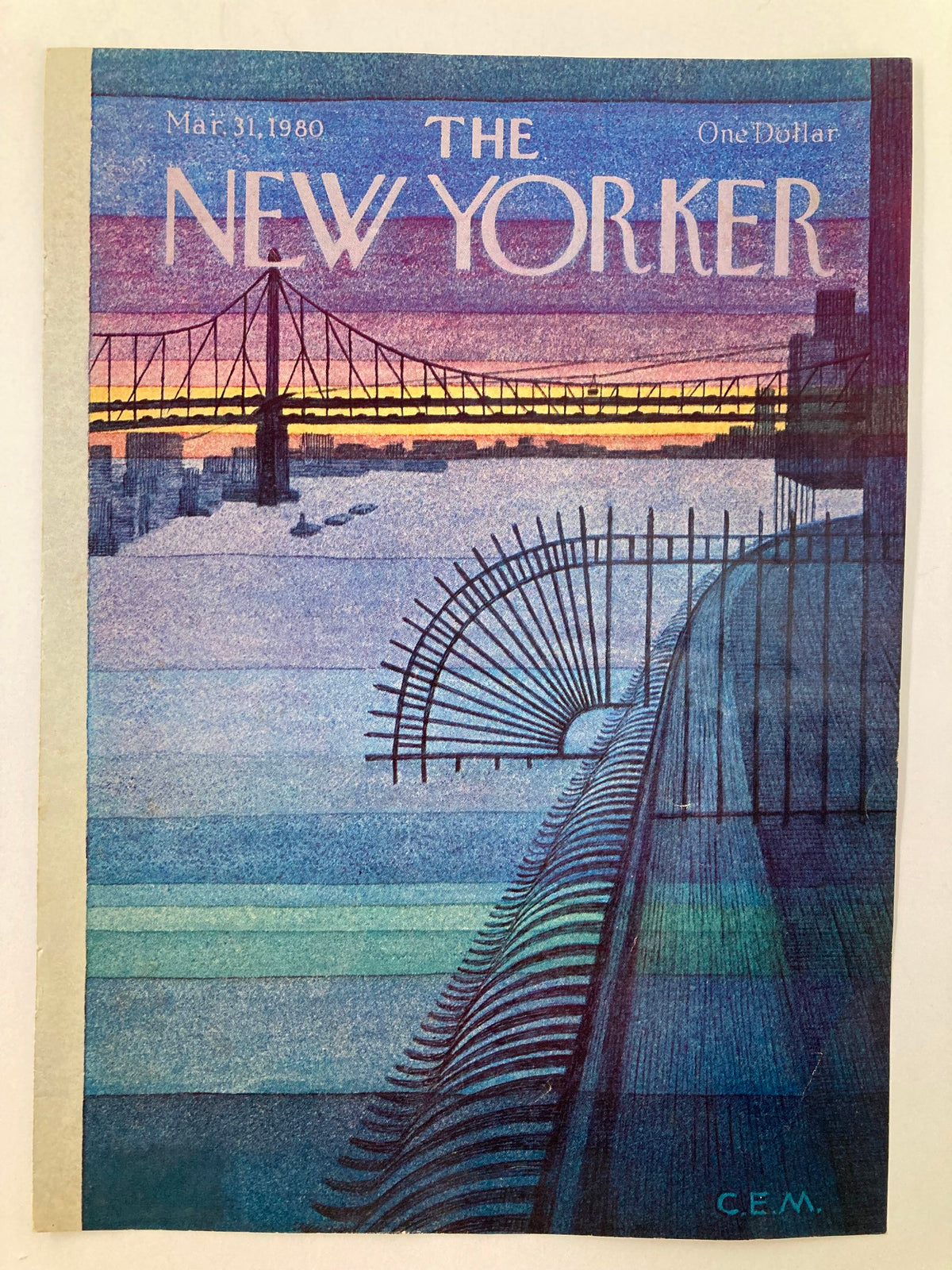 COVER ONLY The New Yorker March 31 1980, displaying the artwork "The Bridge" by Charles E. Martin, highlighting a stunning sunset view with a foreground of architectural lines and shades of blue and purple.