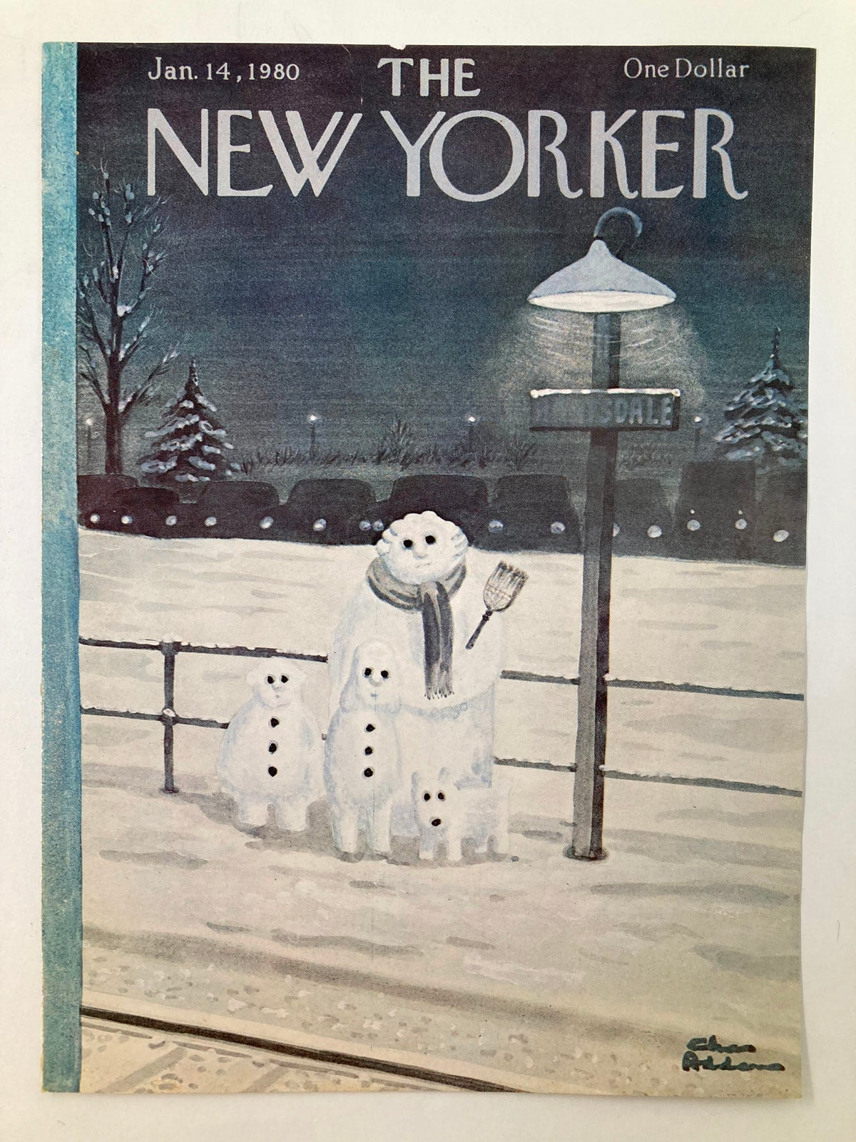 The New Yorker magazine cover from January 14, 1980 showing Chas Addams' 'Snow Family' artwork, illustrating a snow family beside a lamppost in a snowy landscape.