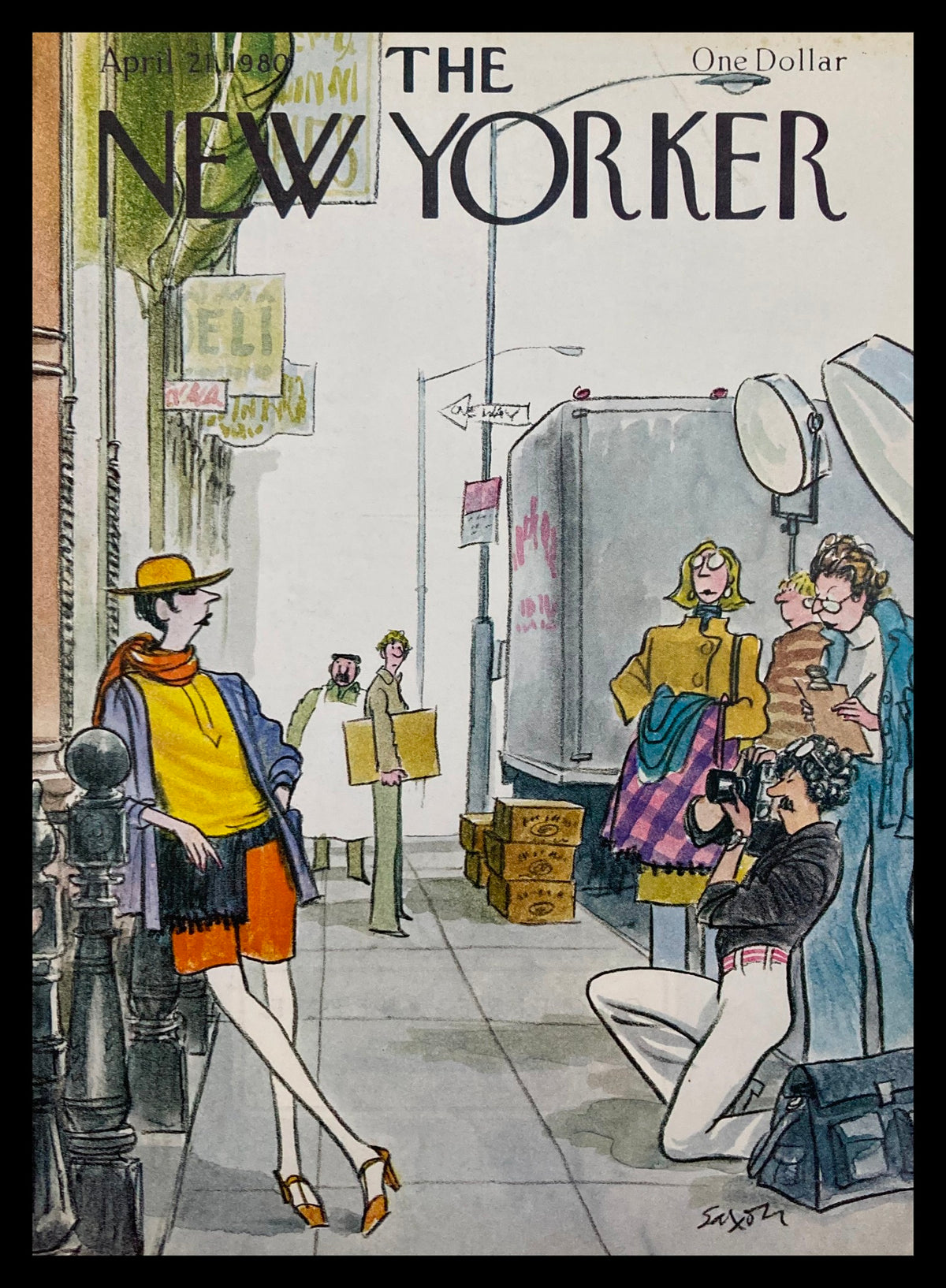 Cover art from The New Yorker April 21, 1980 featuring a vibrant fashion shoot by Charles Saxon, depicting models in stylish outfits on a city street, capturing the essence of 1980s fashion.
