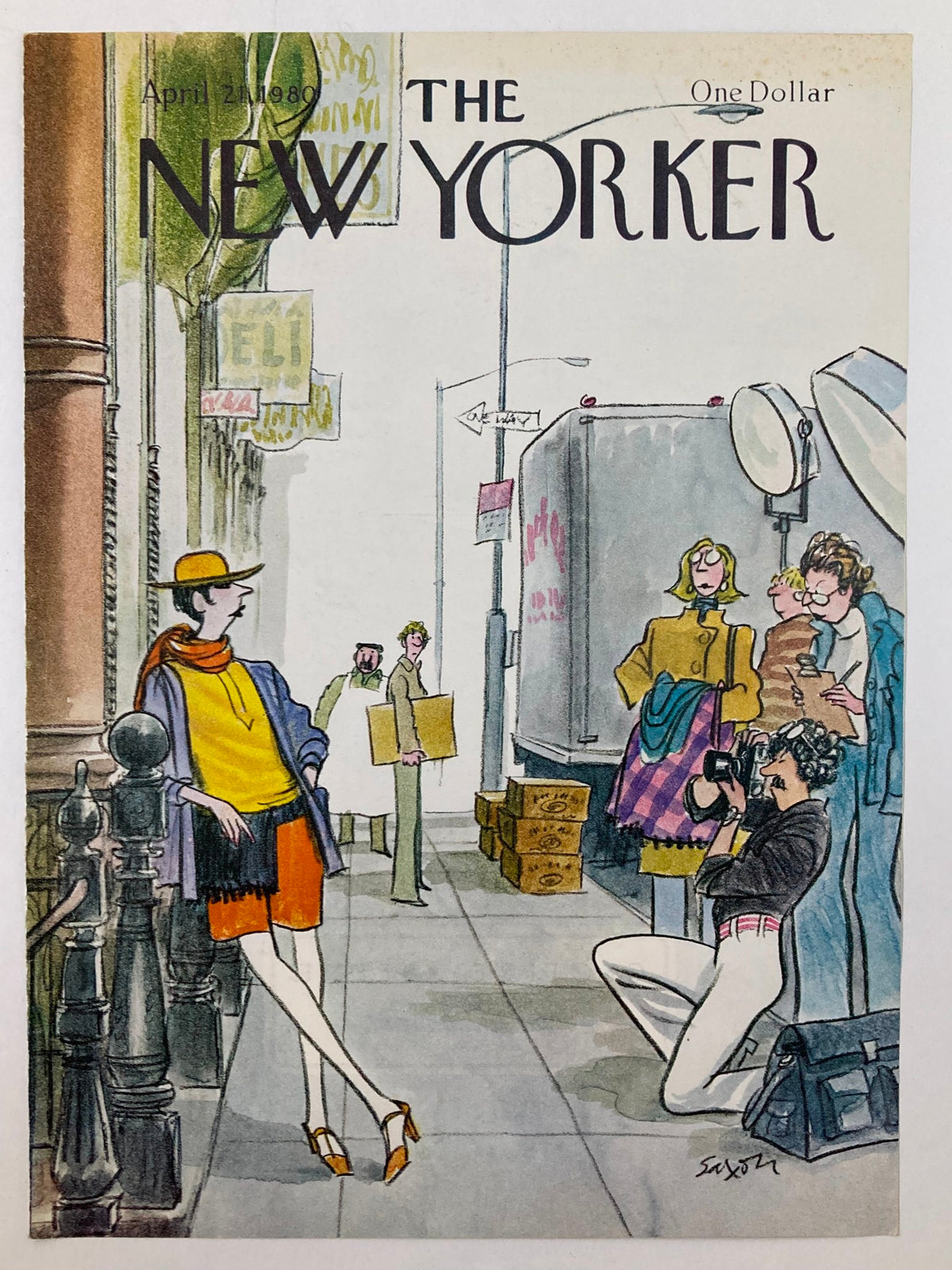 Cover only of The New Yorker from April 21, 1980 featuring a fashion shoot by Charles Saxon. The illustration depicts a stylish model in vibrant attire, surrounded by photographers and onlookers in an urban setting.