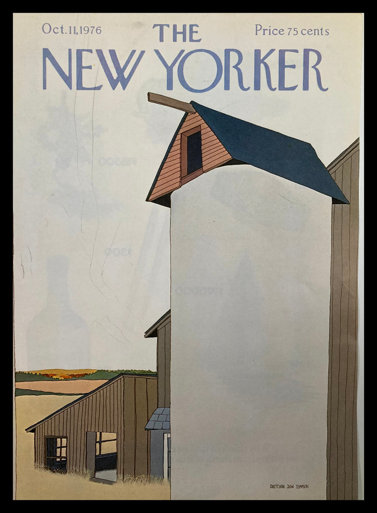 Cover only of The New Yorker, October 11, 1976, featuring the artwork "Farm" by Gretchen Dow Simpson, depicting rural landscapes with colorful fields and a distinctive barn.