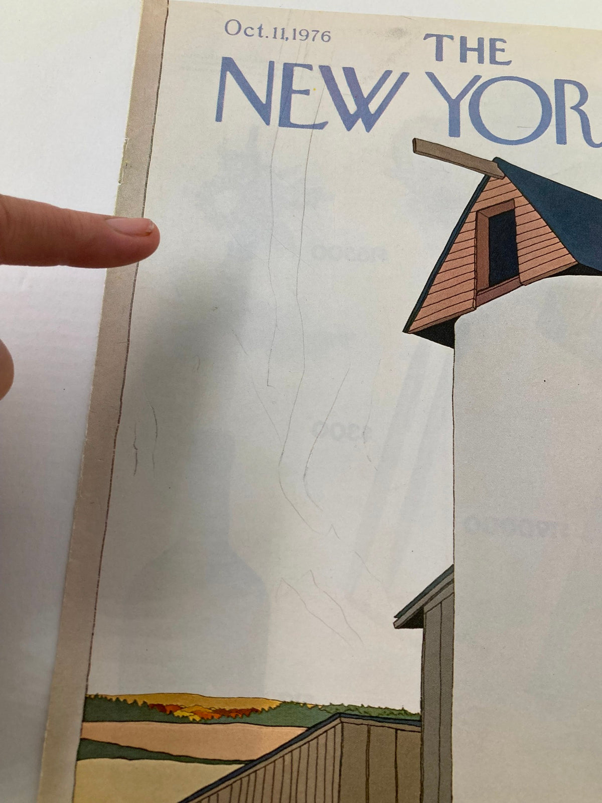 Detail shot of The New Yorker cover dated October 11, 1976, highlighting the artwork "Farm" by Gretchen Dow Simpson, with emphasis on rural architecture and gentle color gradients.