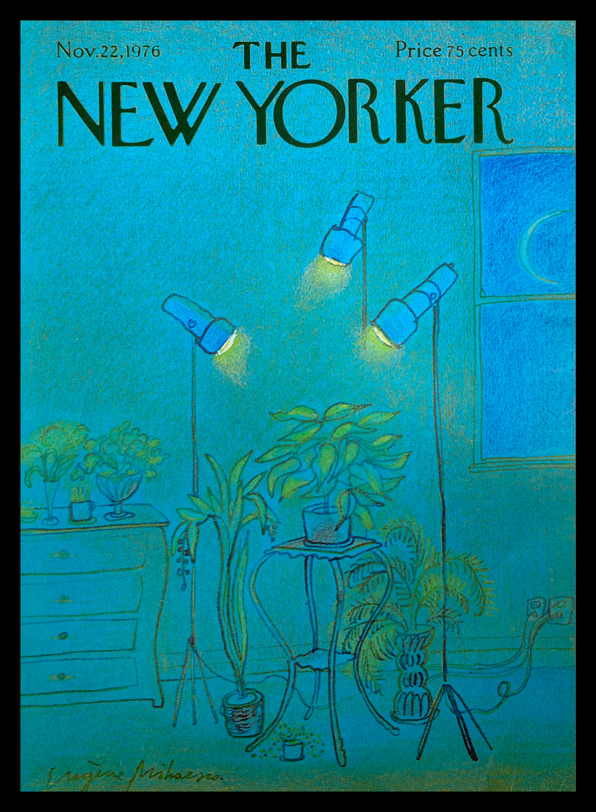 Cover of The New Yorker dated November 22, 1976, featuring the artwork 'Spot Light' by E. Mihaesco. The cover displays a vibrant blue background with spotlight lamps illuminating house plants and a decorative piece of furniture.